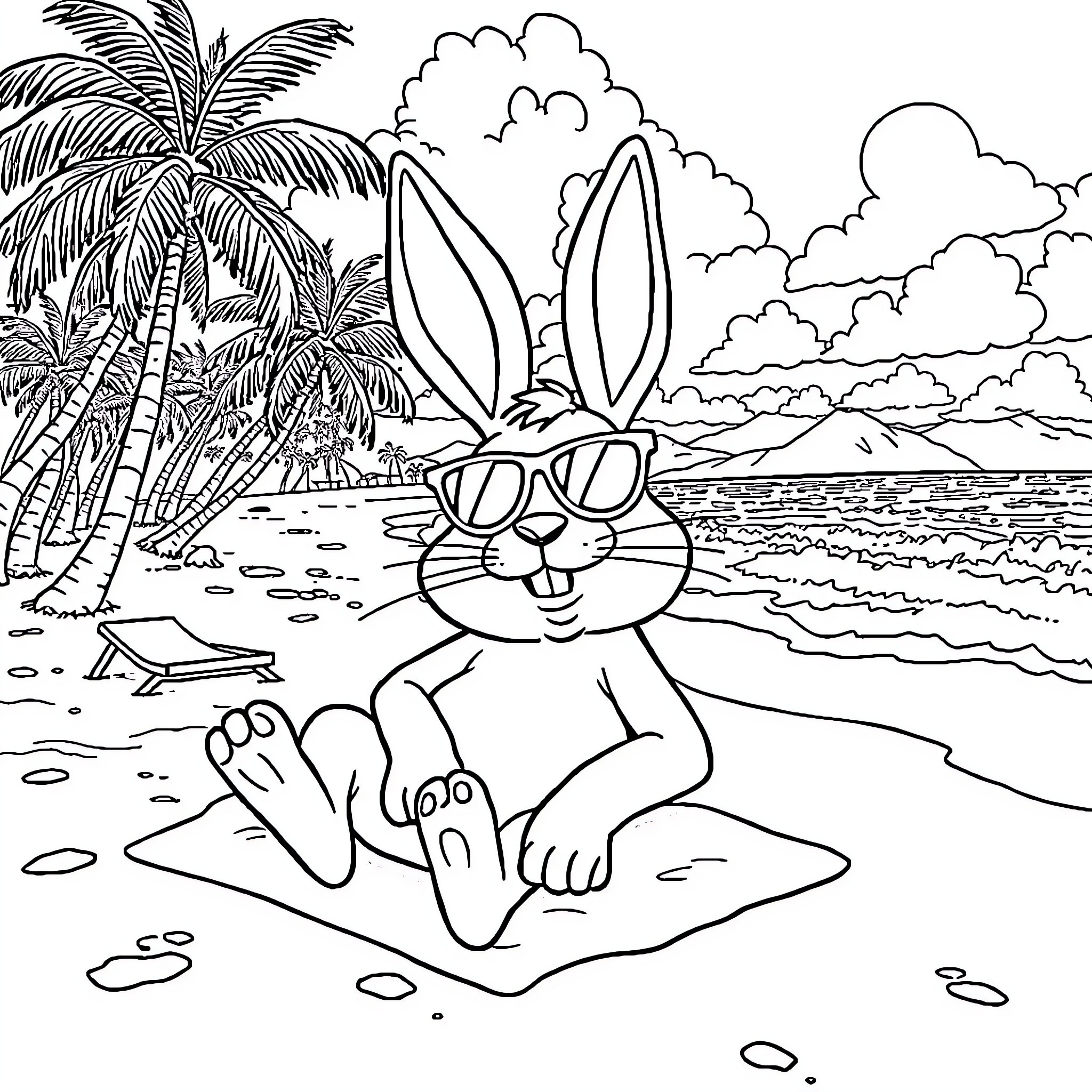 Bad Bunny relaxing on the beach Coloring Page (free black-and-white line drawing printable PDF for all, from beginners to advanced learners, including children, teens, adults, and seniors)
