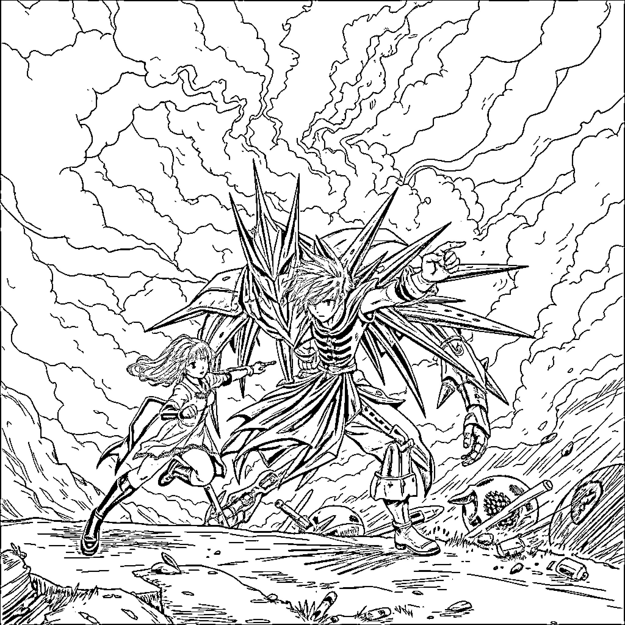 Cloud Strife battles a monstrous foe Coloring Page (free black-and-white line drawing printable PDF for all, from beginners to advanced learners, including children, teens, adults, and seniors)