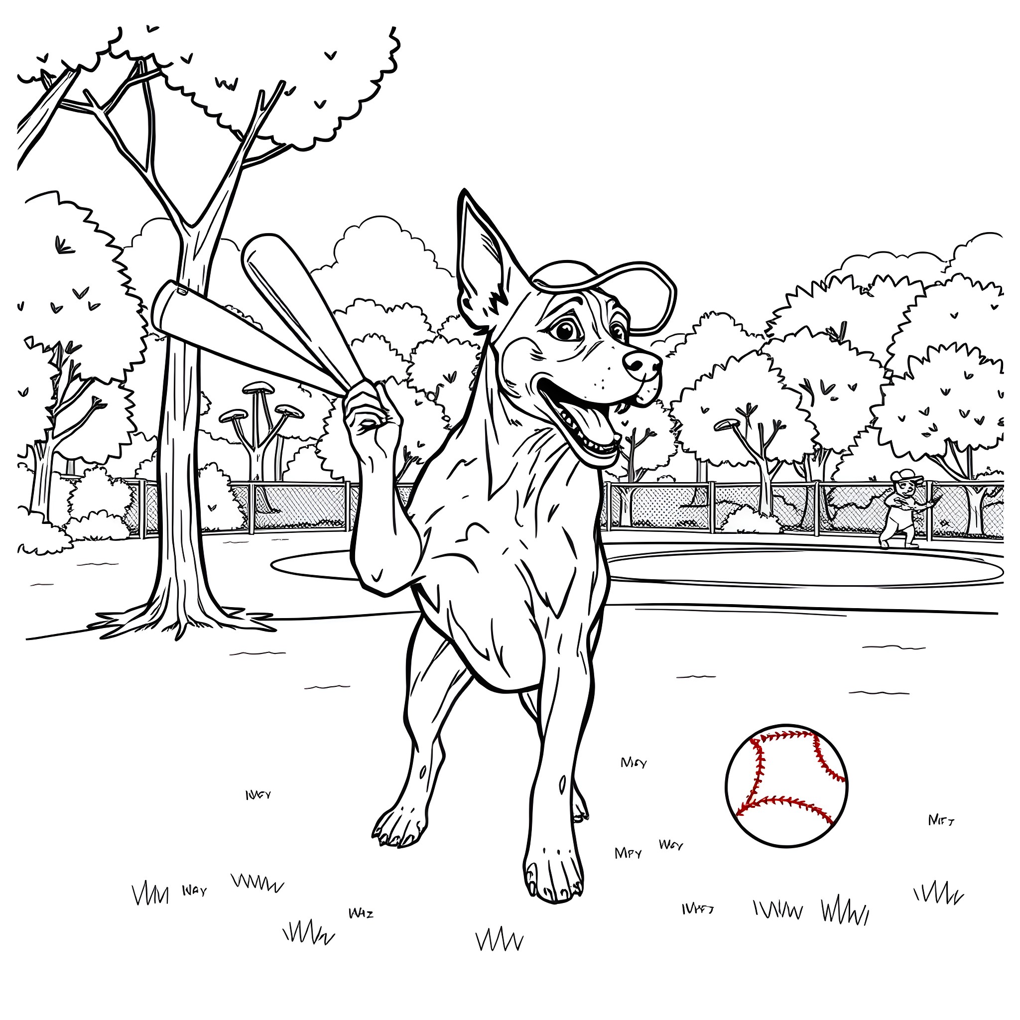 Catahoula Dog Playing Joyfully in the Park Coloring Page (free black-and-white line drawing printable PDF for all, from beginners to advanced learners, including children, teens, adults, and seniors)