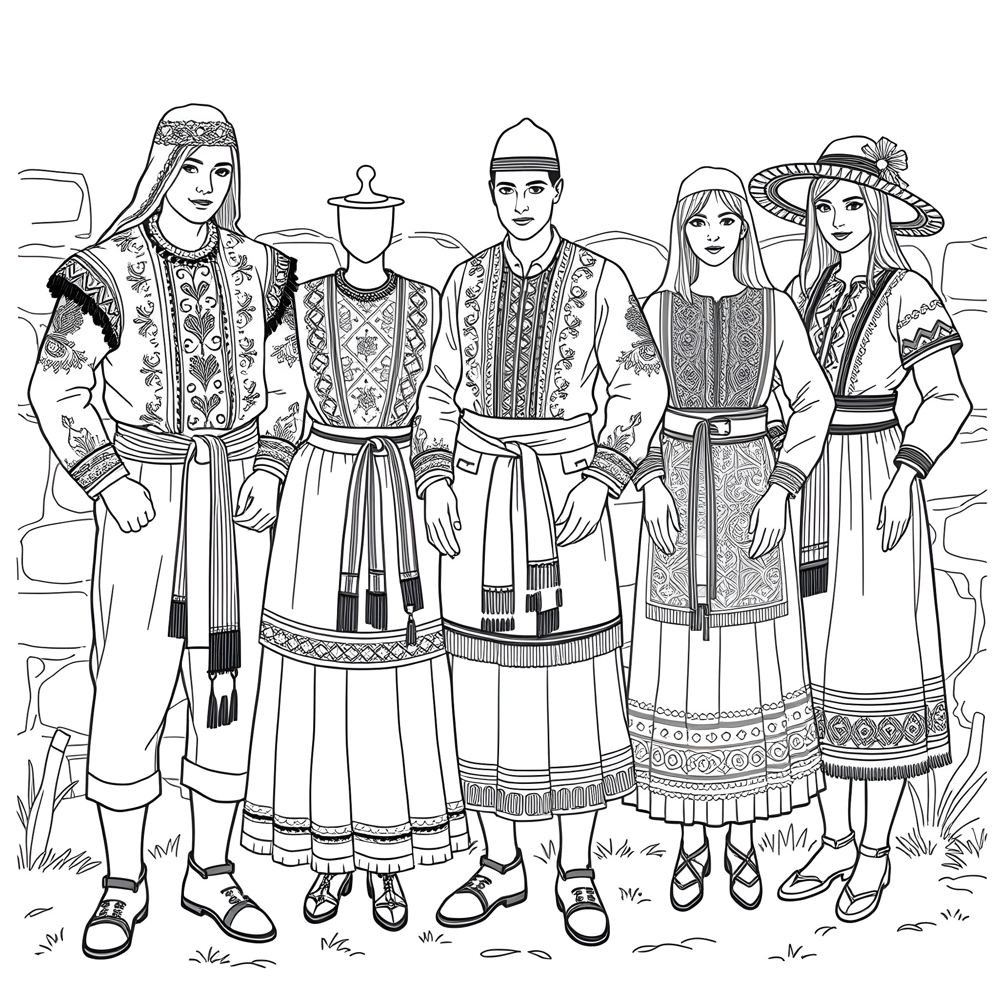 Romanian Clothing: Traditional Outfits and Scenes Coloring Page (free black-and-white line drawing printable PDF for all, from beginners to advanced learners, including children, teens, adults, and seniors)