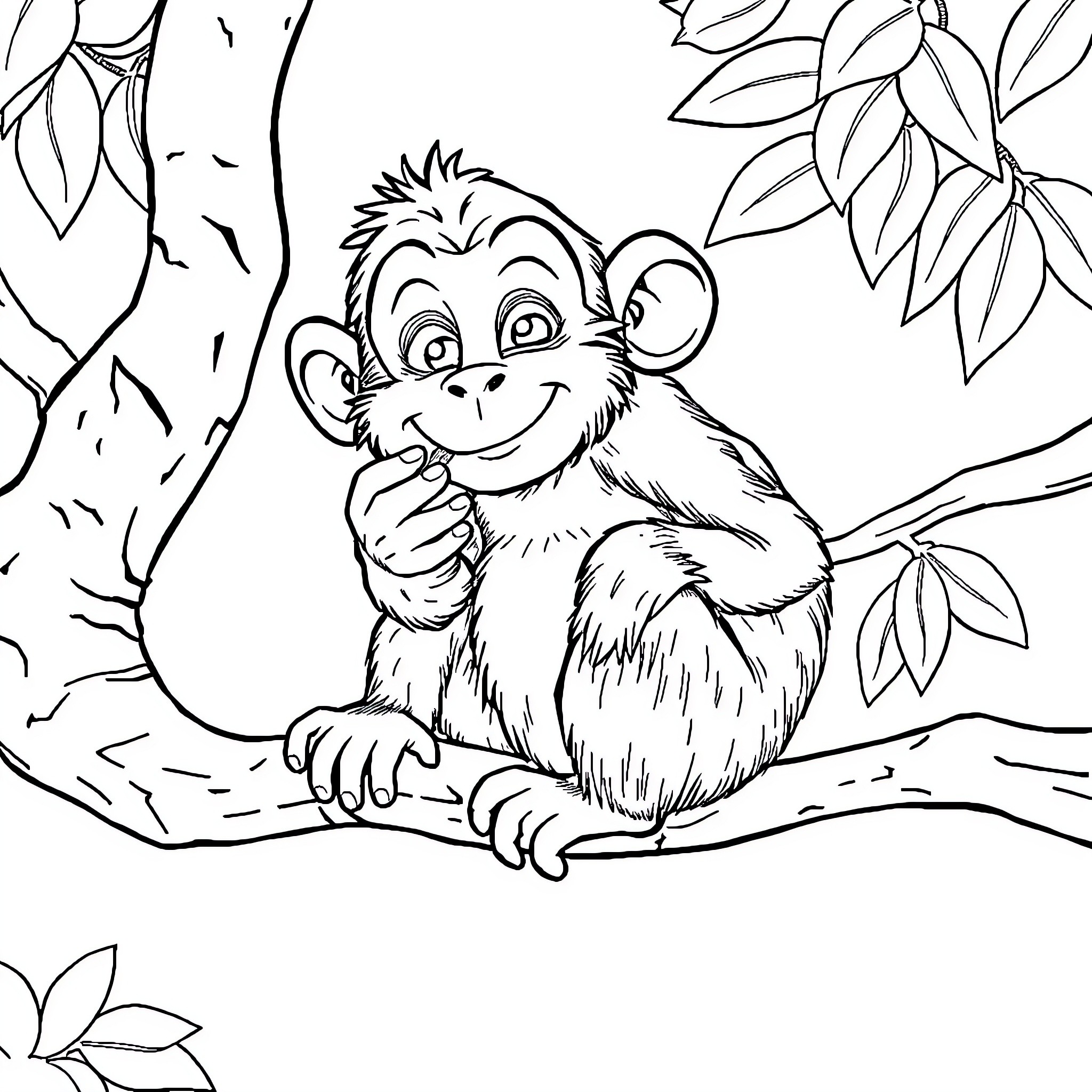 Monkey playing joyfully in the jungle Coloring Page (free black-and-white line drawing printable PDF for all, from beginners to advanced learners, including children, teens, adults, and seniors)