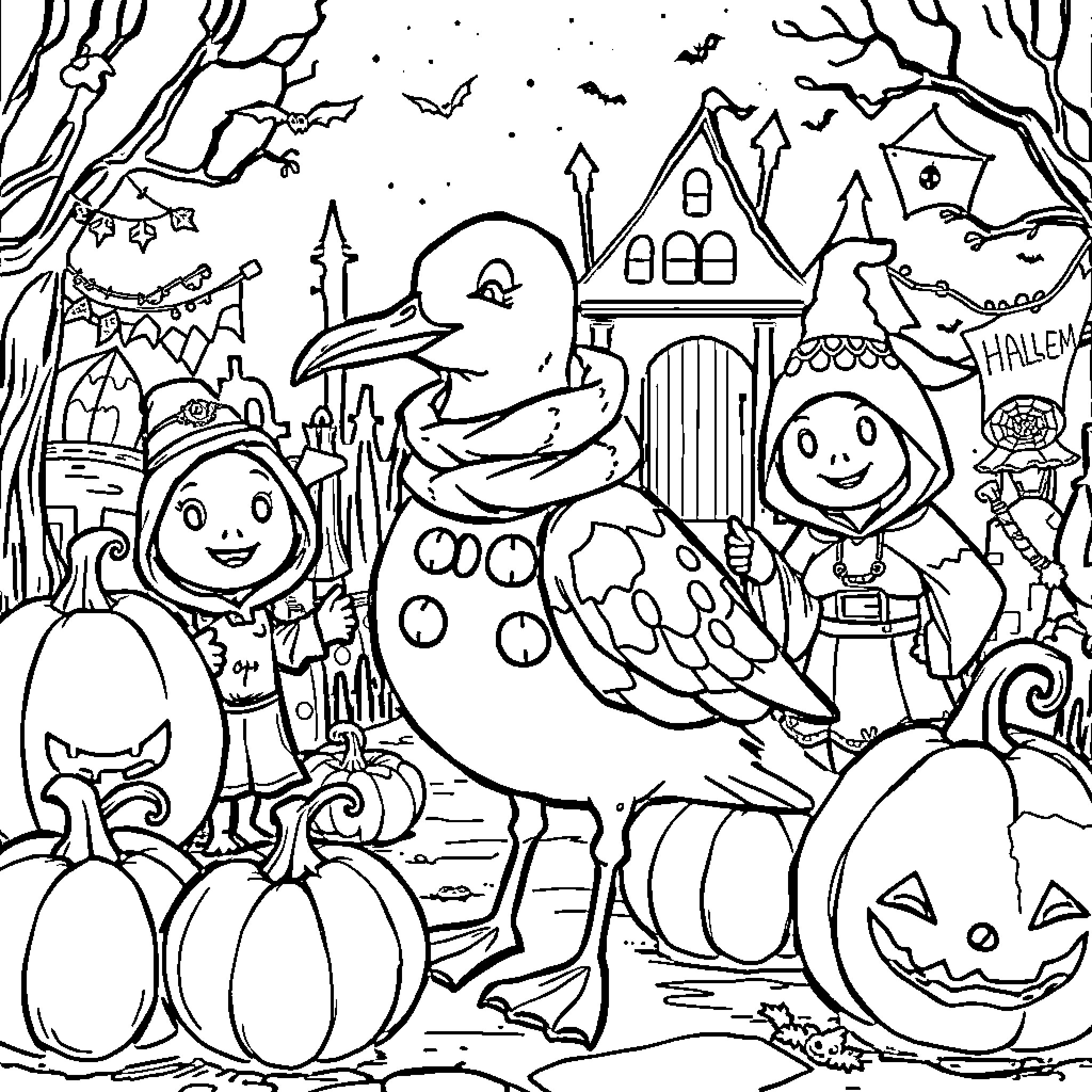 Seagull in a festive Halloween scene Coloring Page (free black-and-white line drawing printable PDF for all, from beginners to advanced learners, including children, teens, adults, and seniors)
