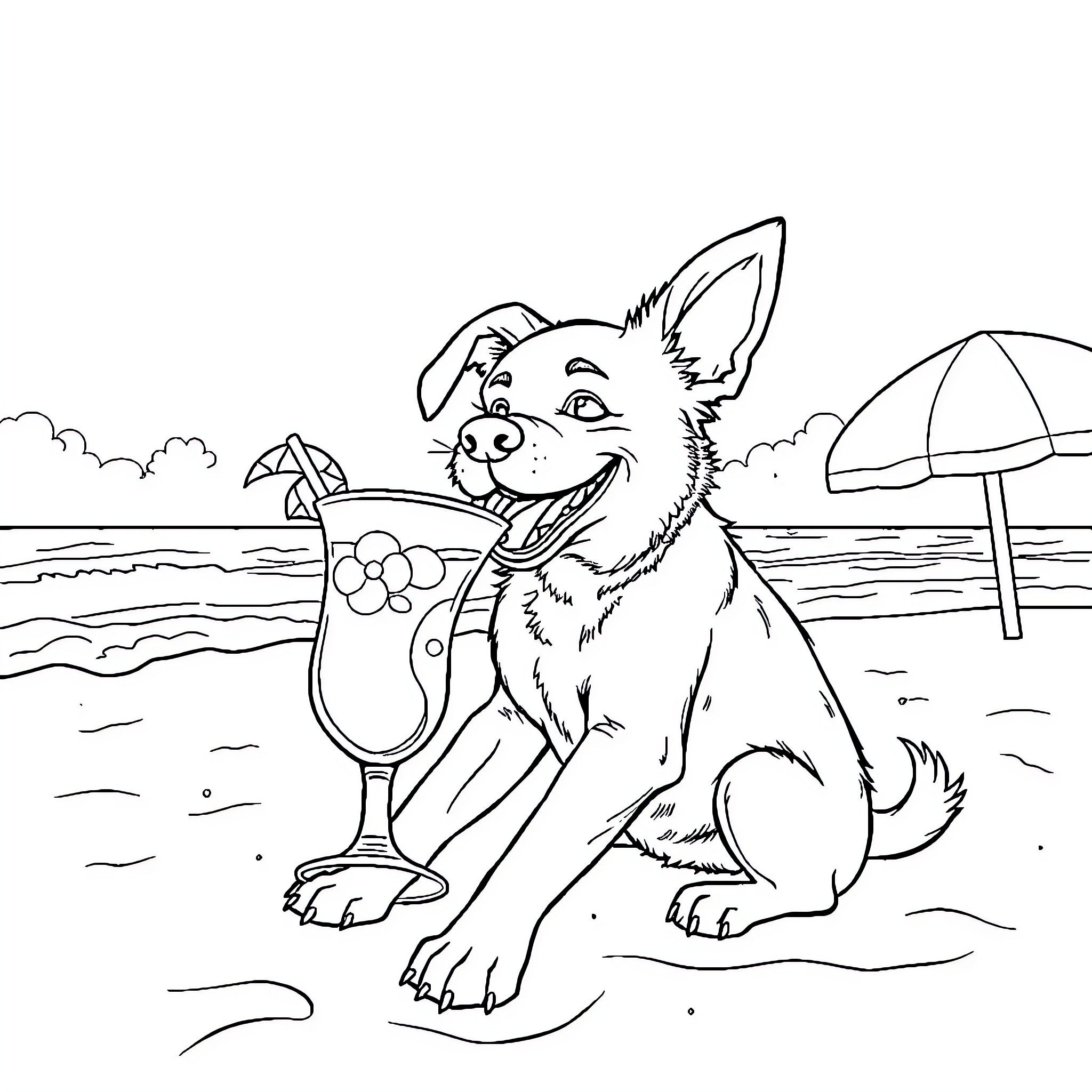 Dog enjoying a tropical drink on the beach Coloring Page (free black-and-white line drawing printable PDF for all, from beginners to advanced learners, including children, teens, adults, and seniors)