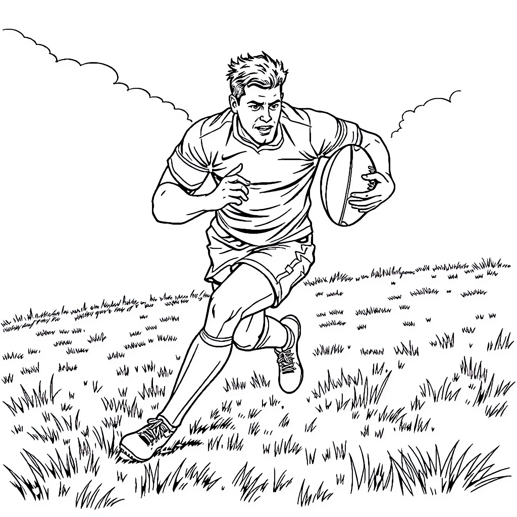 Rugby Player Running Determined on the Field Coloring Page (free black-and-white line drawing printable PDF for all, from beginners to advanced learners, including children, teens, adults, and seniors)