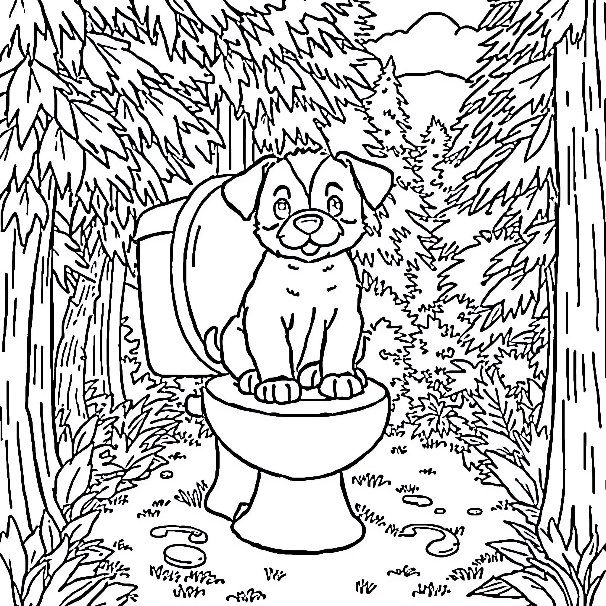 Puppy sitting happily on a toilet in the forest Coloring Page (free black-and-white line drawing printable PDF for all, from beginners to advanced learners, including children, teens, adults, and seniors)