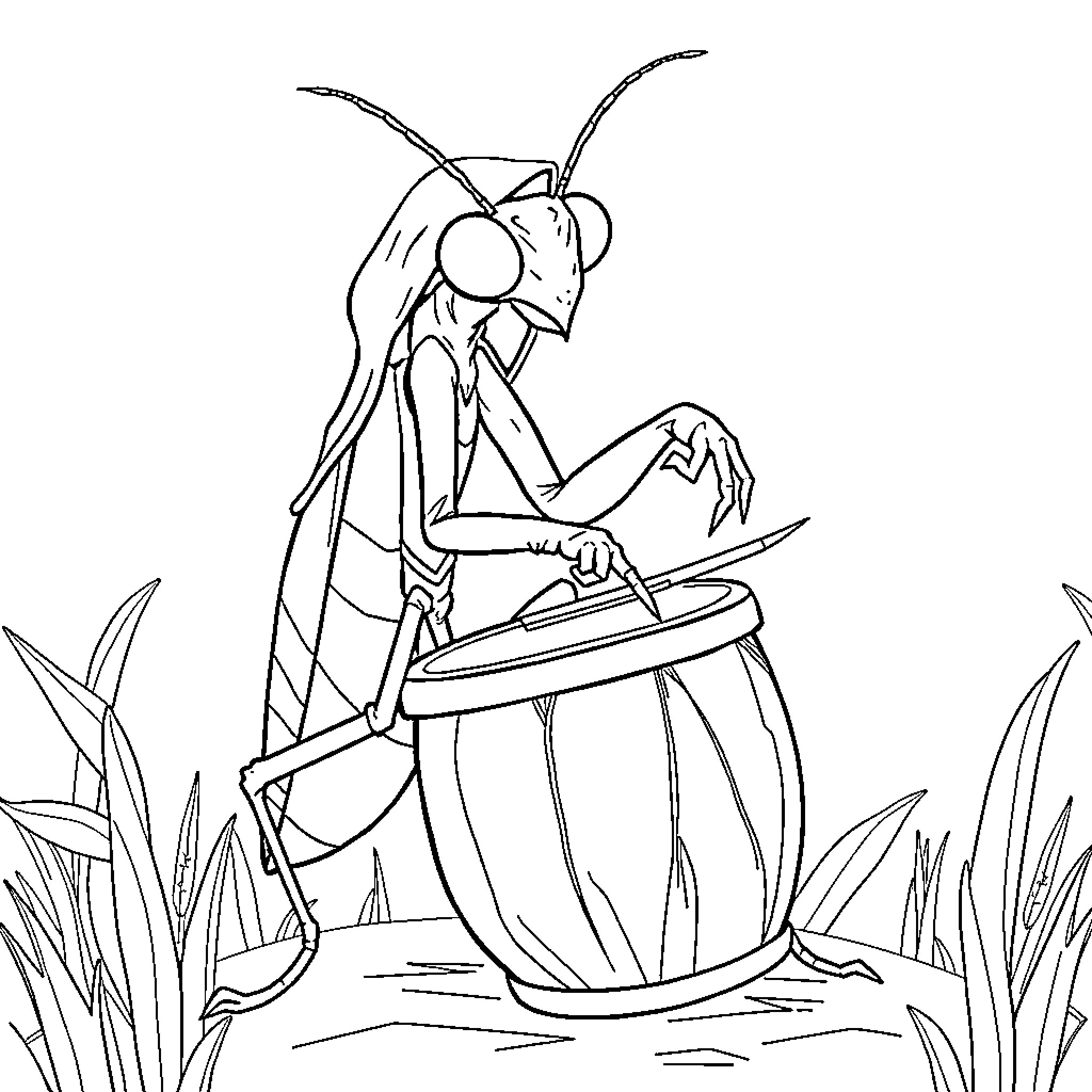 Praying Mantis playing drums in natural environment Coloring Page (free black-and-white line drawing printable PDF for all, from beginners to advanced learners, including children, teens, adults, and seniors)