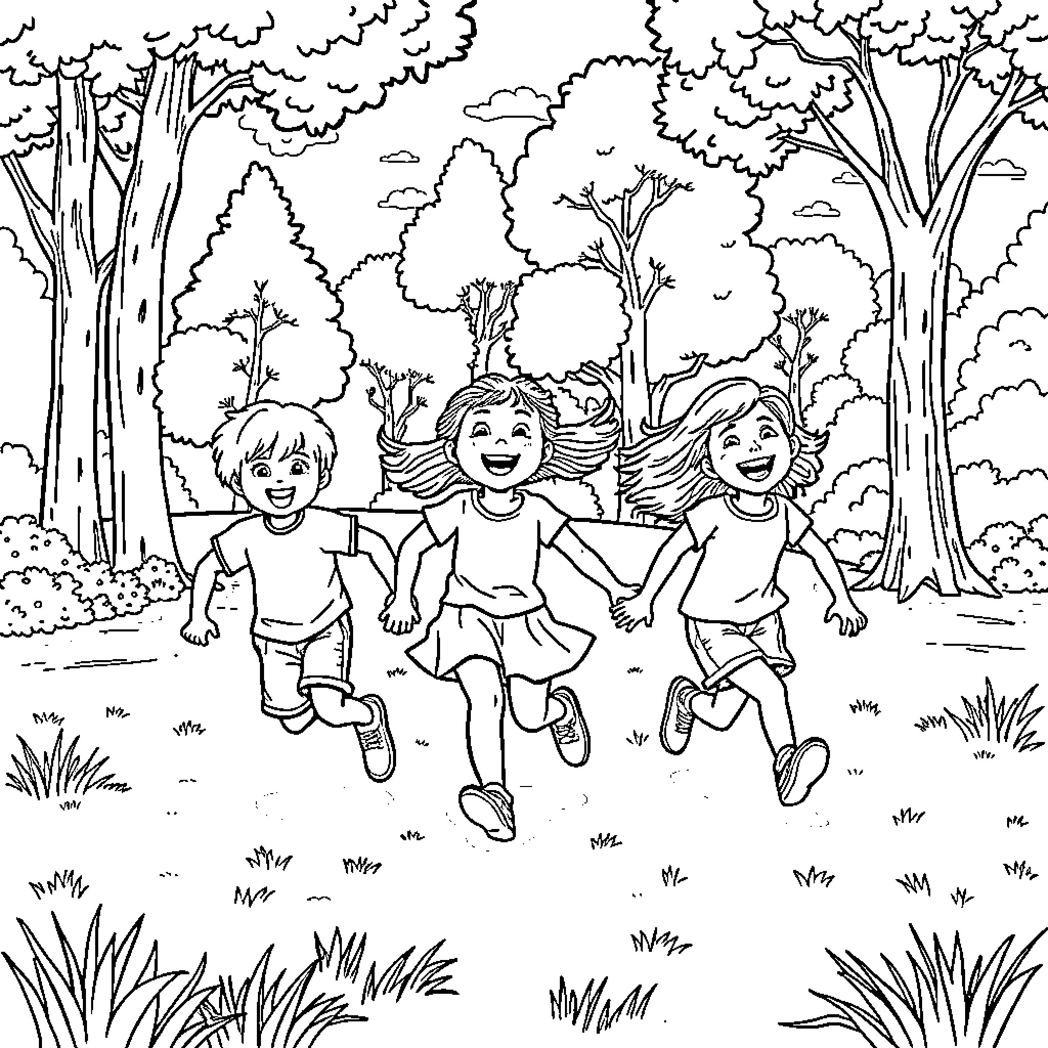 Kid Friends Joyfully Running in the Forest Coloring Page (free black-and-white line drawing printable PDF for all, from beginners to advanced learners, including children, teens, adults, and seniors)