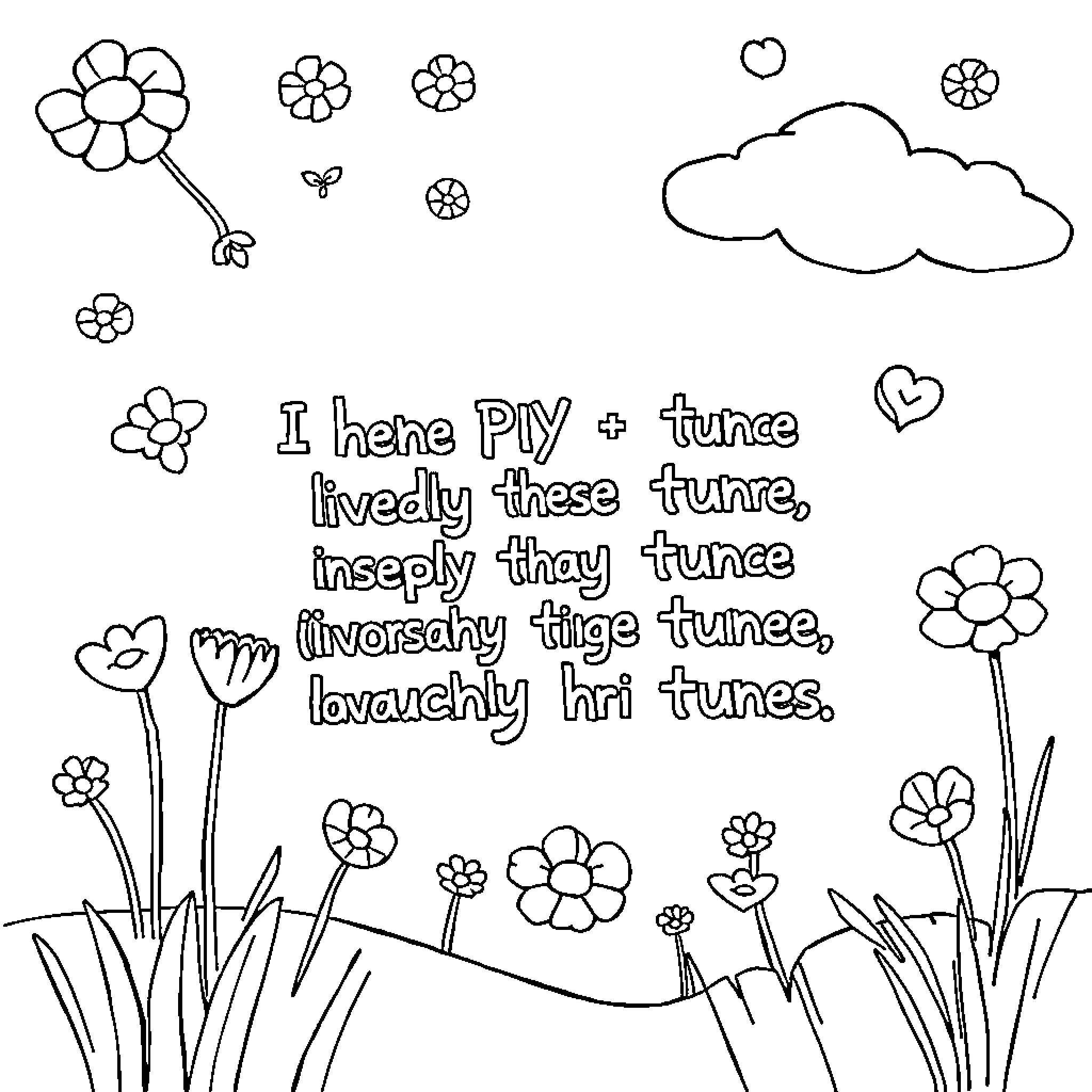 Tralalelo playful flowers and inspirational verse Coloring Page (free black-and-white line drawing printable PDF for all, from beginners to advanced learners, including children, teens, adults, and seniors)