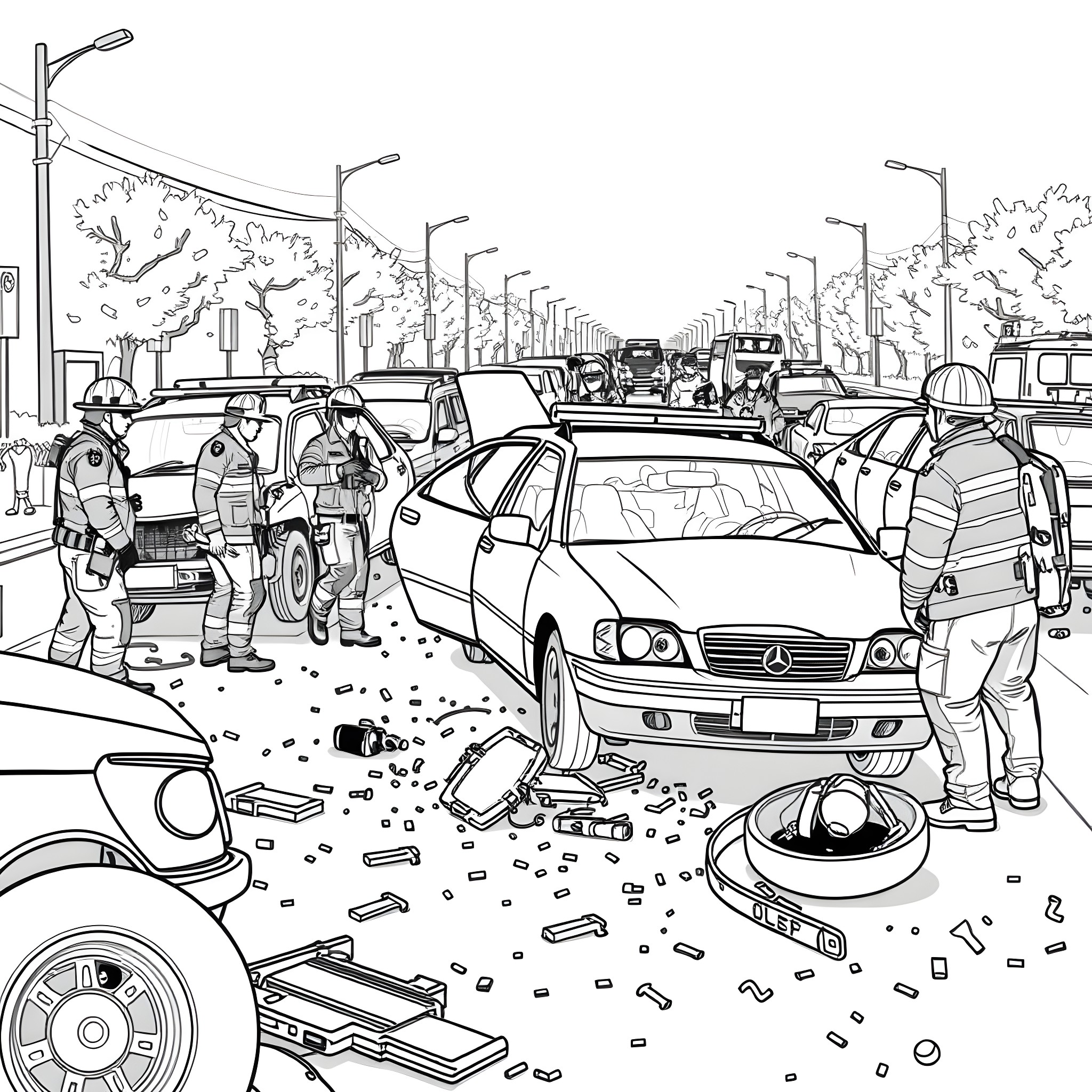 Car accident scene with emergency responders Coloring Page (free black-and-white line drawing printable PDF for all, from beginners to advanced learners, including children, teens, adults, and seniors)