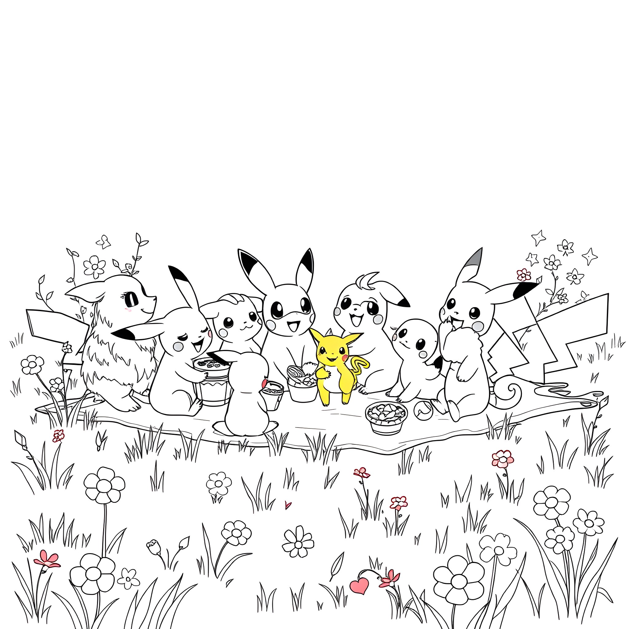 Pokémon characters enjoying a picnic in the meadow Coloring Page (free black-and-white line drawing printable PDF for all, from beginners to advanced learners, including children, teens, adults, and seniors)