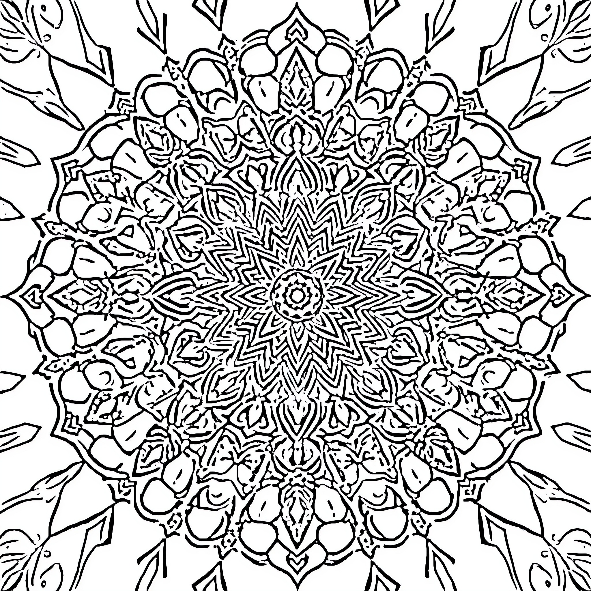 Mandala of intricate symmetrical patterns Coloring Page (free black-and-white line drawing printable PDF for all, from beginners to advanced learners, including children, teens, adults, and seniors)
