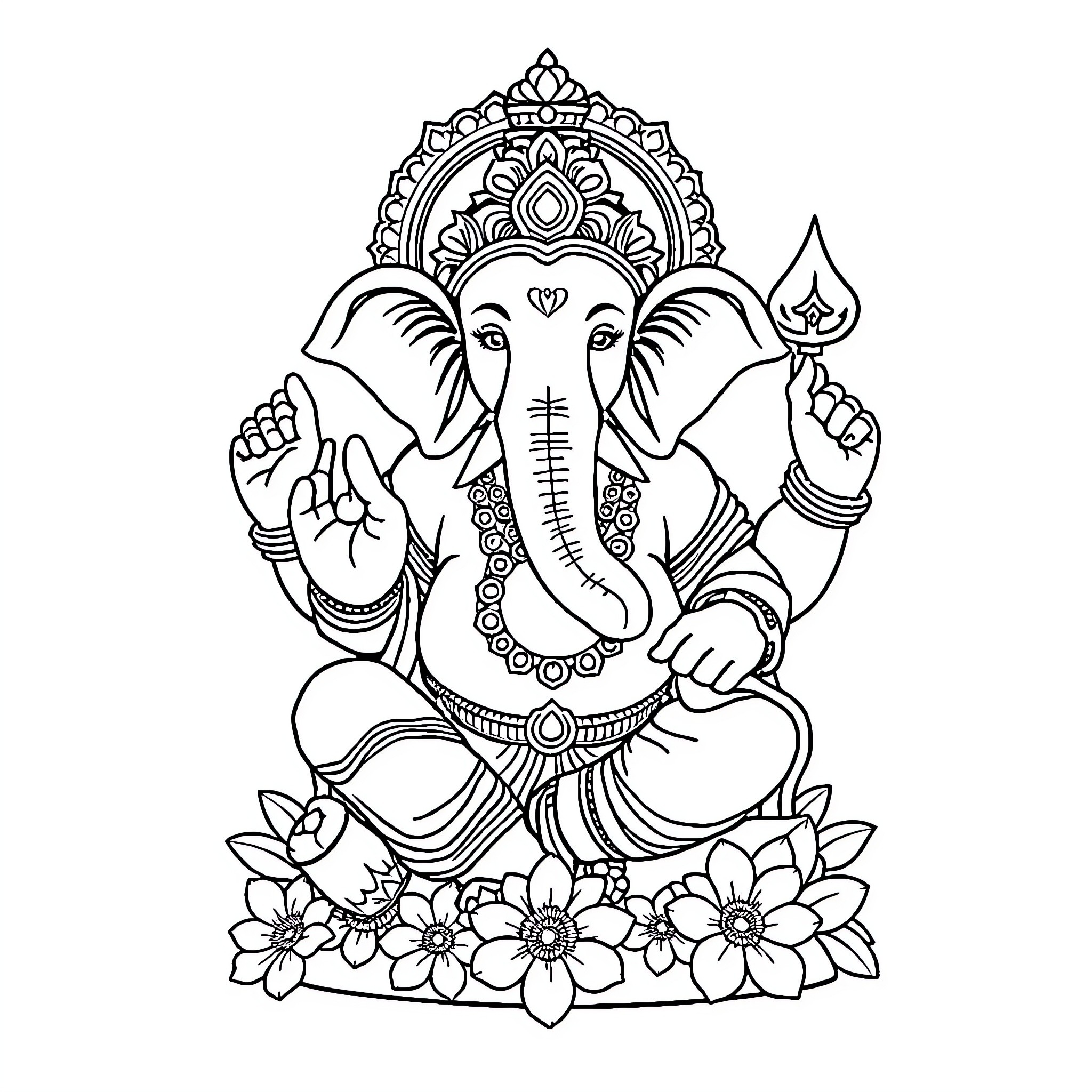 Ganesh seated in contemplation with floral elements Coloring Page (free black-and-white line drawing printable PDF for all, from beginners to advanced learners, including children, teens, adults, and seniors)