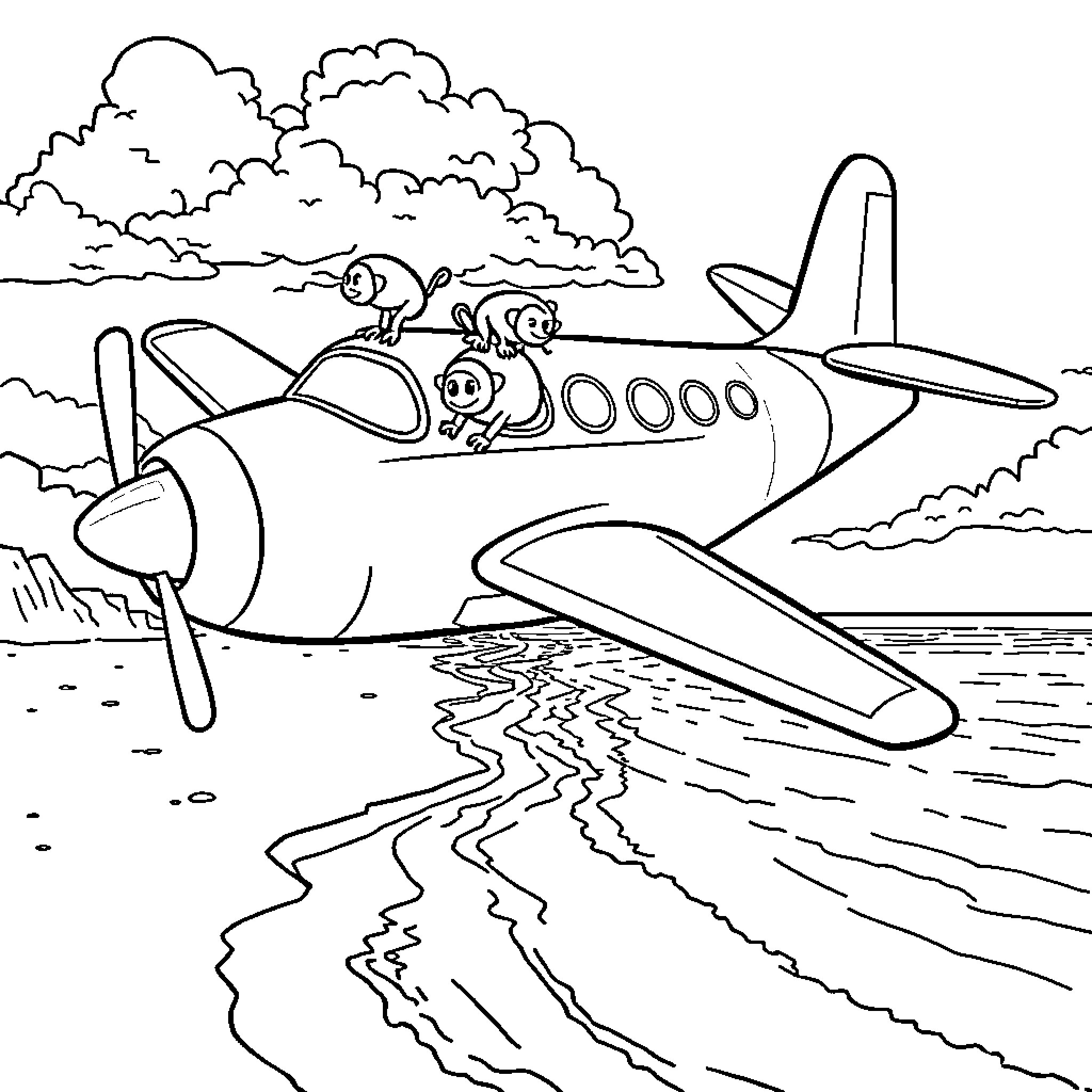 Plane flying over cloudy sky with passengers Coloring Page (free black-and-white line drawing printable PDF for all, from beginners to advanced learners, including children, teens, adults, and seniors)