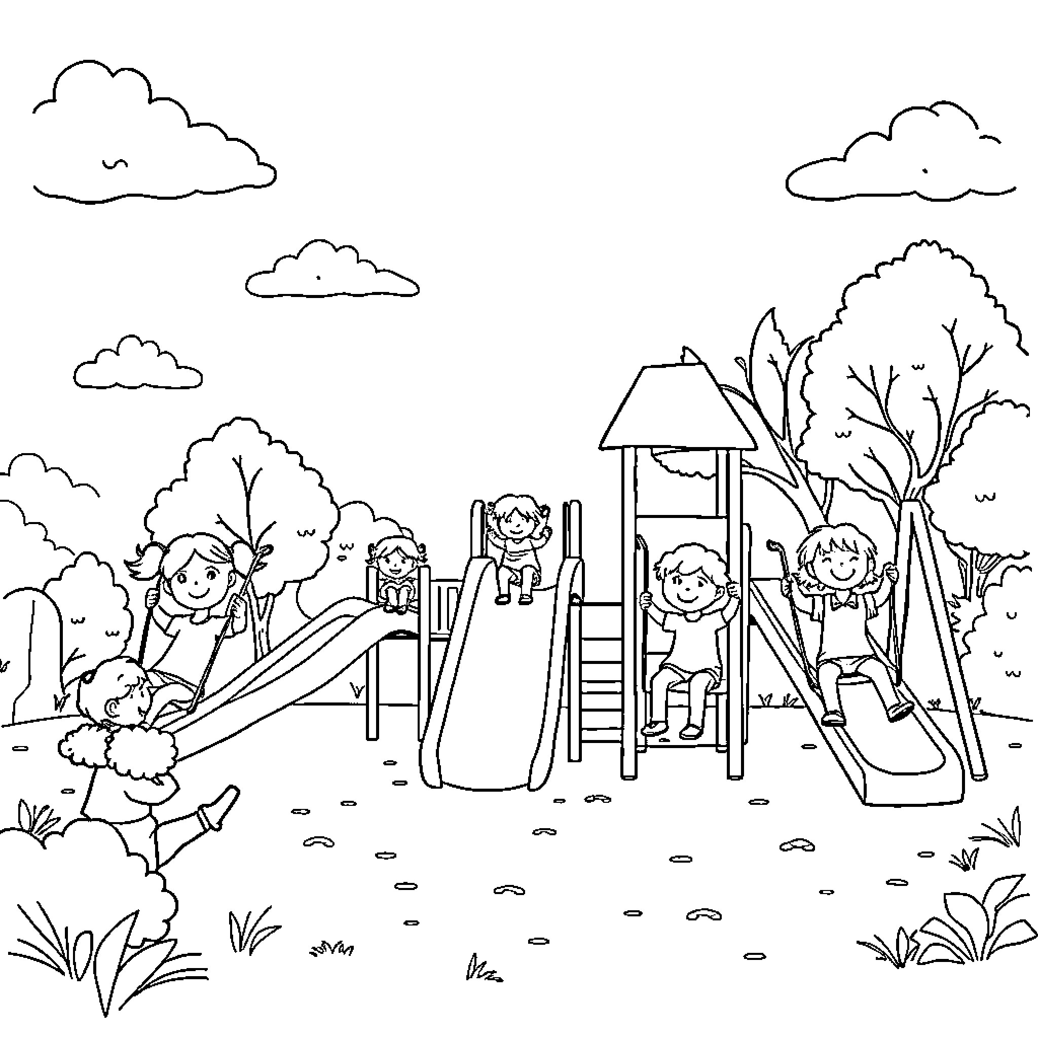 Playground with children playing on slides and equipment Coloring Page (free black-and-white line drawing printable PDF for all, from beginners to advanced learners, including children, teens, adults, and seniors)
