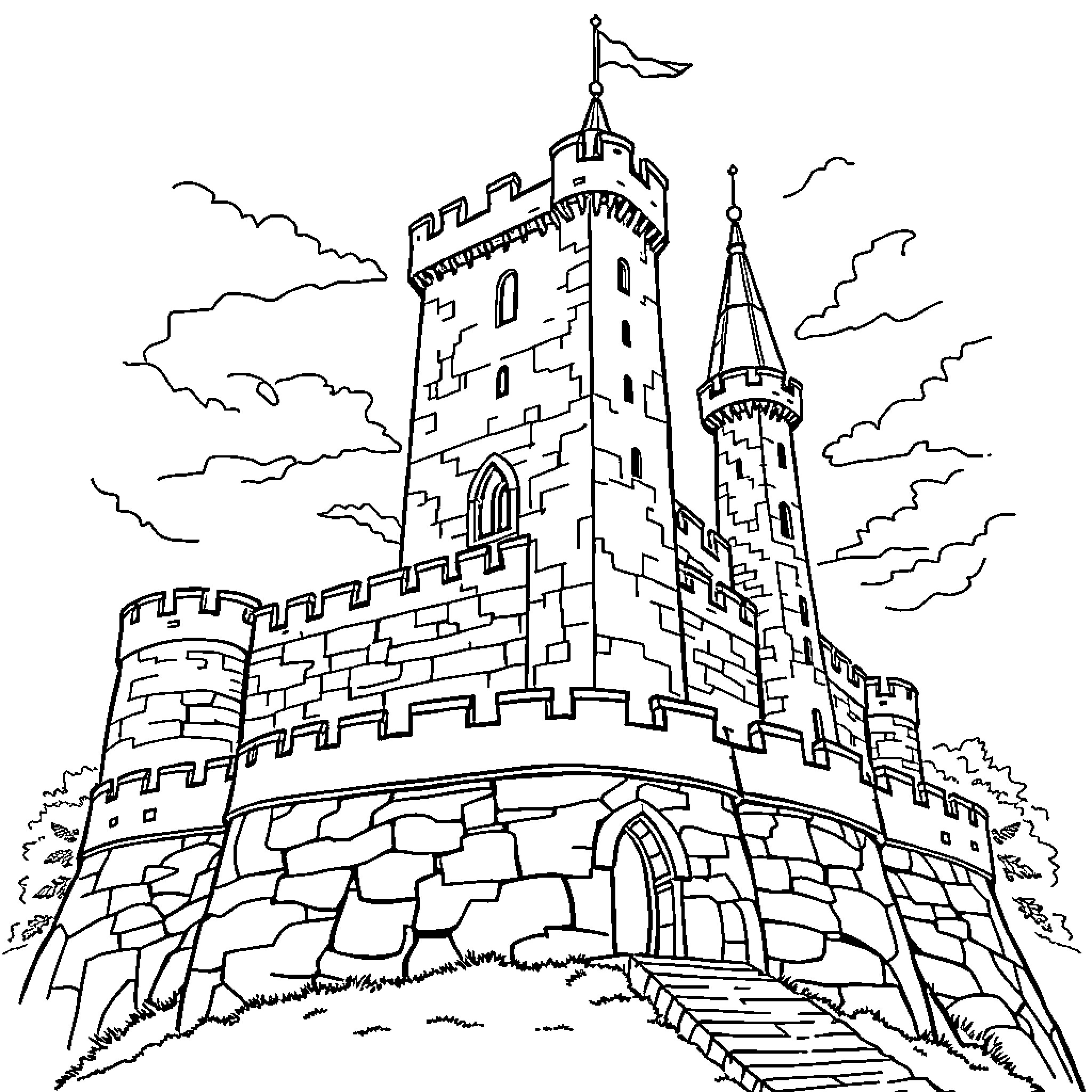 Castle with Majestic Towers and Flags in the Sky Coloring Page (free black-and-white line drawing printable PDF for all, from beginners to advanced learners, including children, teens, adults, and seniors)
