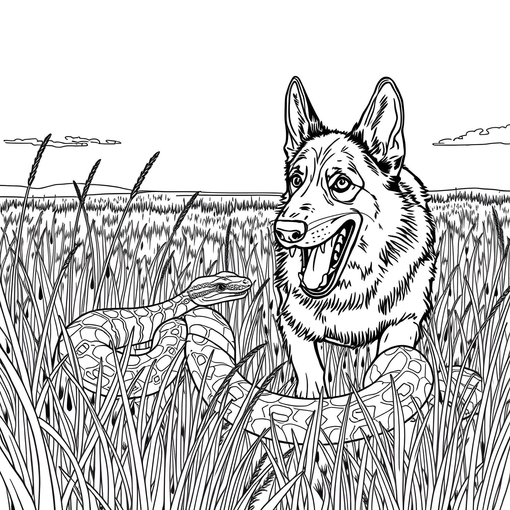 German Shepherd Enjoying the Outdoors Coloring Page (free black-and-white line drawing printable PDF for all, from beginners to advanced learners, including children, teens, adults, and seniors)