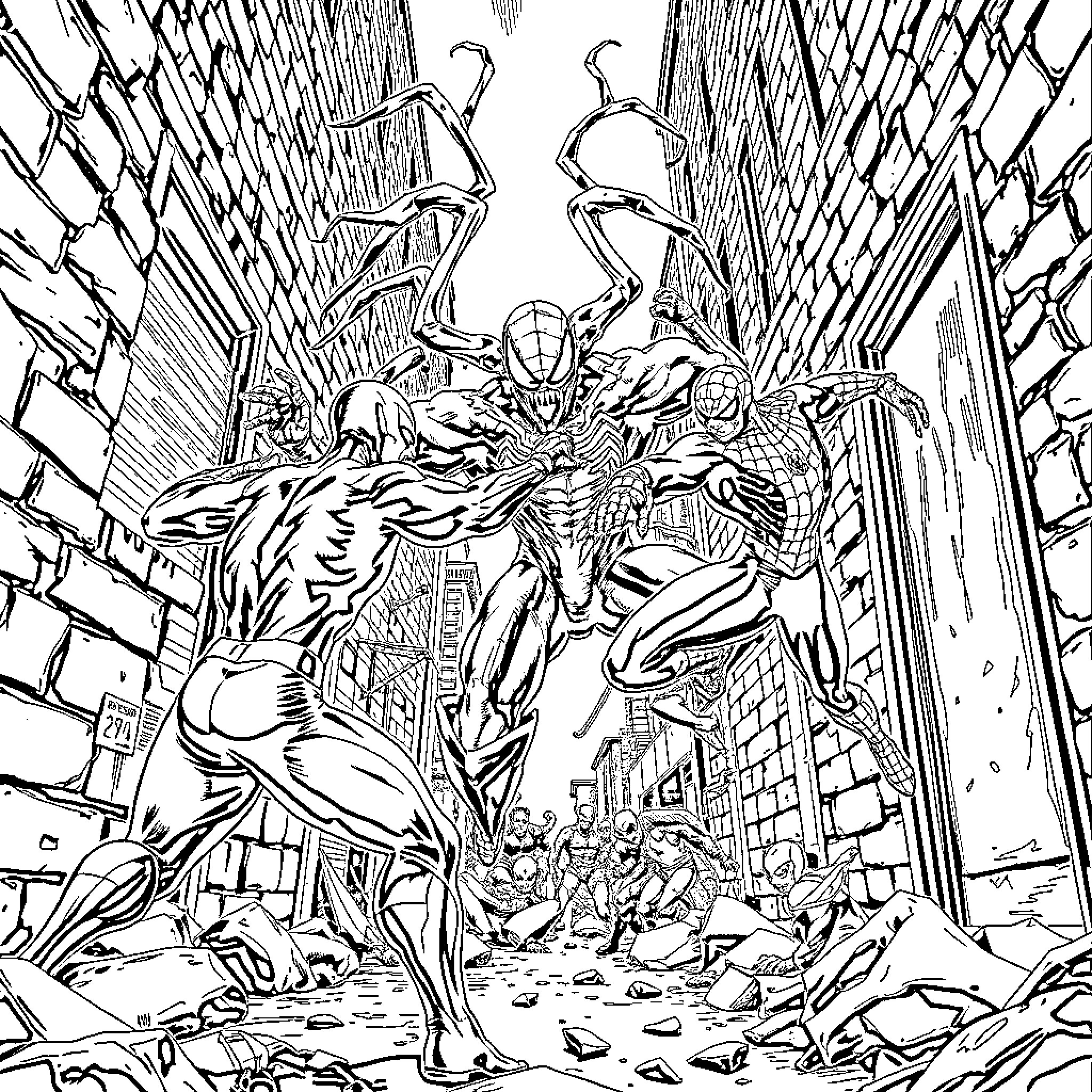 Daredevil heroes in action-packed urban chaos Coloring Page (free black-and-white line drawing printable PDF for all, from beginners to advanced learners, including children, teens, adults, and seniors)