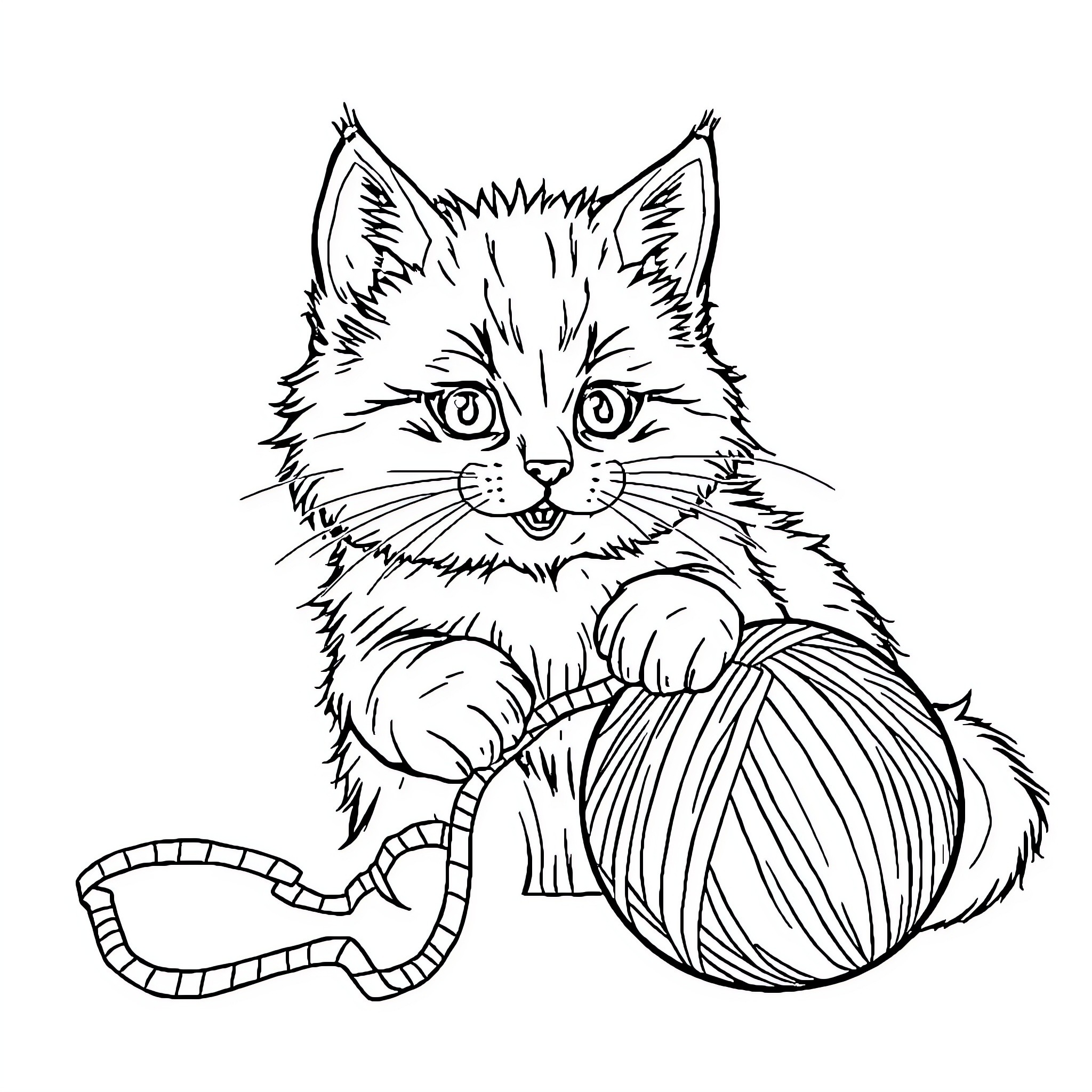 Cat playing with yarn ball Coloring Page (free black-and-white line drawing printable PDF for all, from beginners to advanced learners, including children, teens, adults, and seniors)