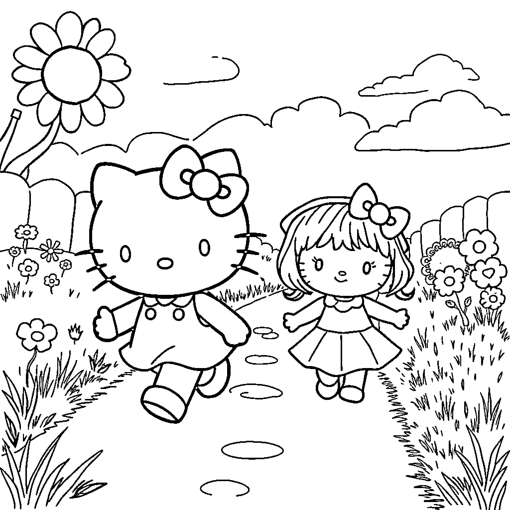 Hello Kitty and Friend Exploring the Outdoors Coloring Page (free black-and-white line drawing printable PDF for all, from beginners to advanced learners, including children, teens, adults, and seniors)