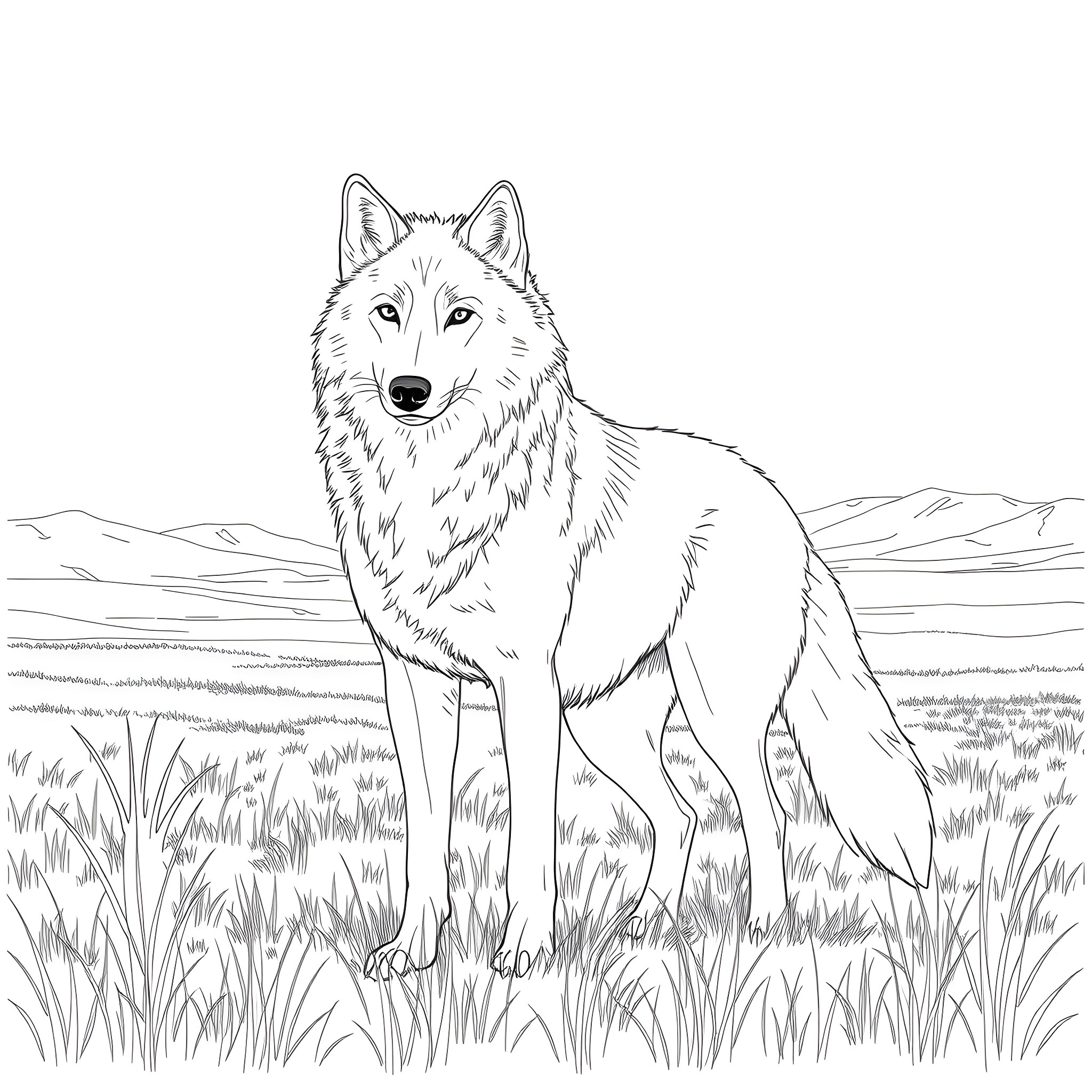 Wolf standing alert in the wilderness Coloring Page (free black-and-white line drawing printable PDF for all, from beginners to advanced learners, including children, teens, adults, and seniors)