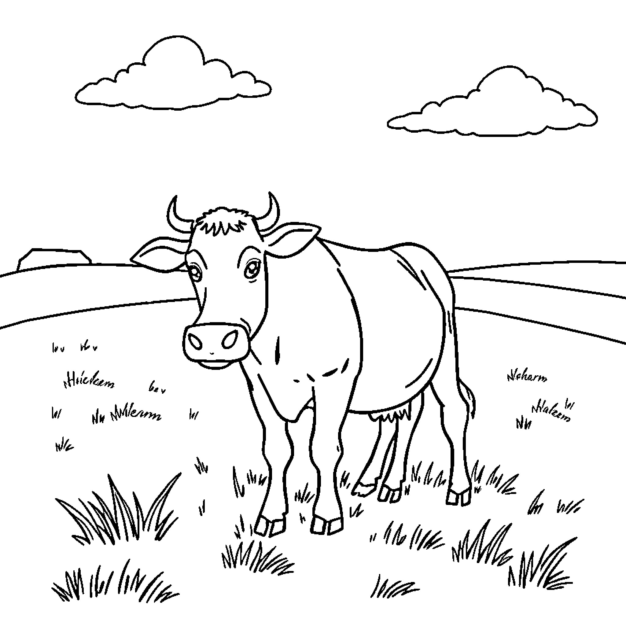 Cow standing in a grassy field Coloring Page (free black-and-white line drawing printable PDF for all, from beginners to advanced learners, including children, teens, adults, and seniors)