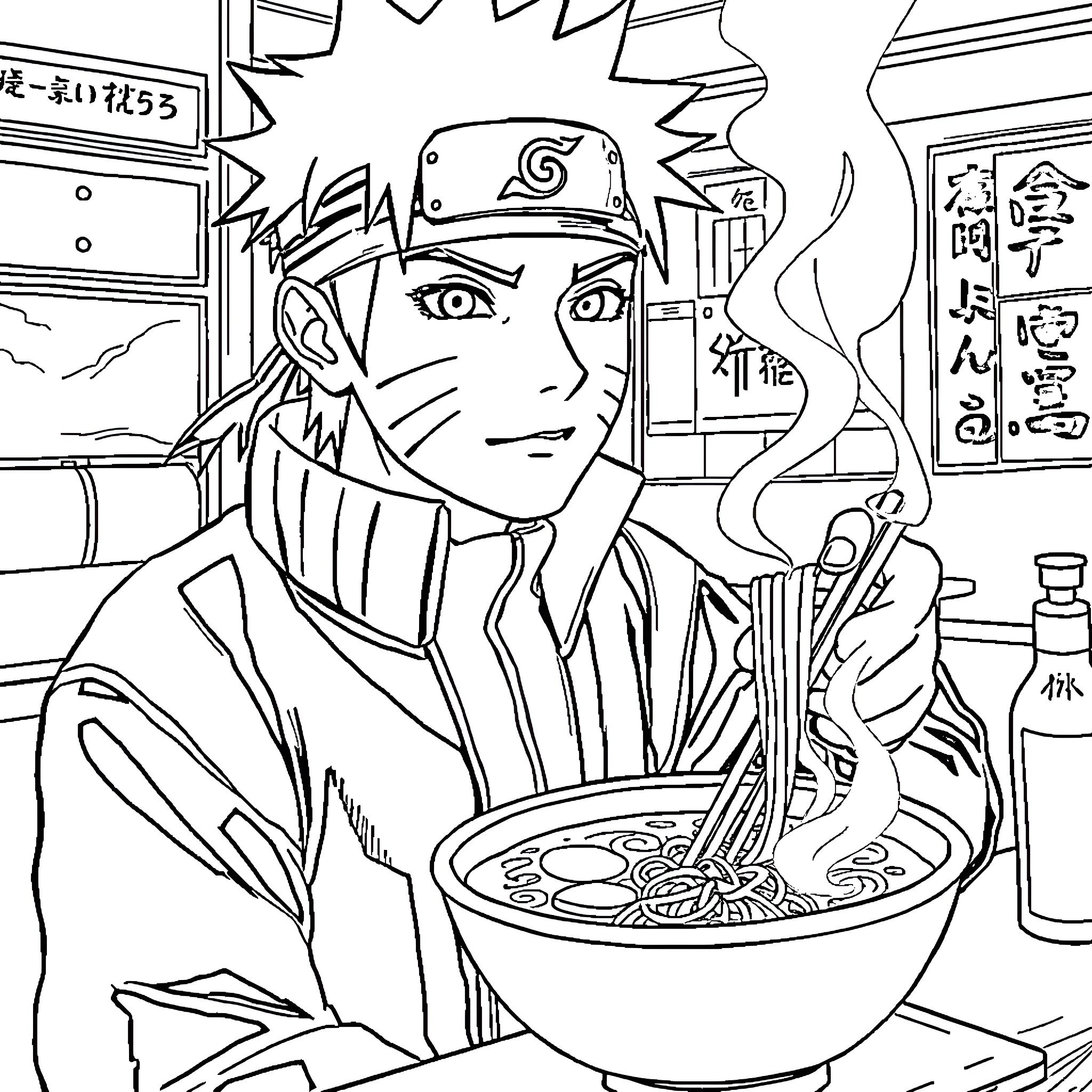 Naruto Enjoying a Bowl of Ramen in a Lively Street Scene Coloring Page (free black-and-white line drawing printable PDF for all, from beginners to advanced learners, including children, teens, adults, and seniors)