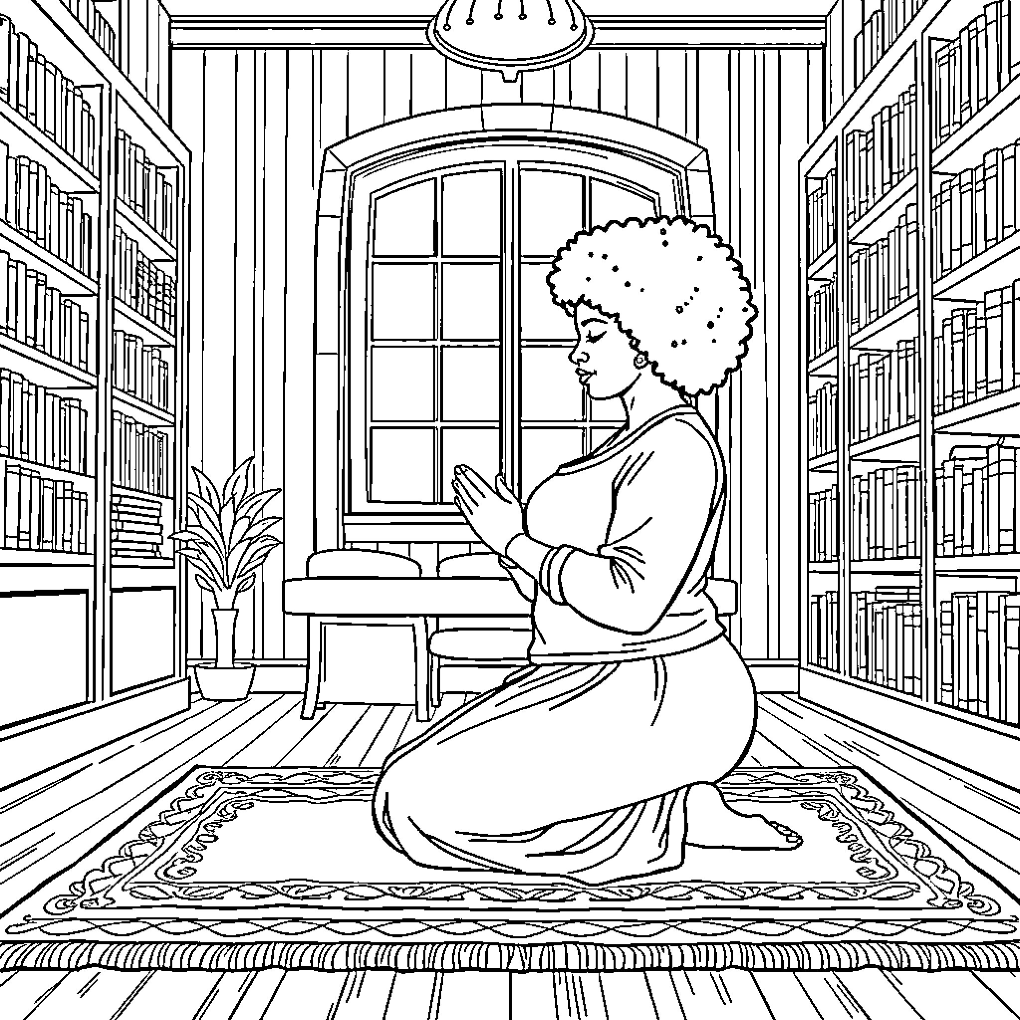 Woman reading a book in the library Coloring Page (free black-and-white line drawing printable PDF for all, from beginners to advanced learners, including children, teens, adults, and seniors)