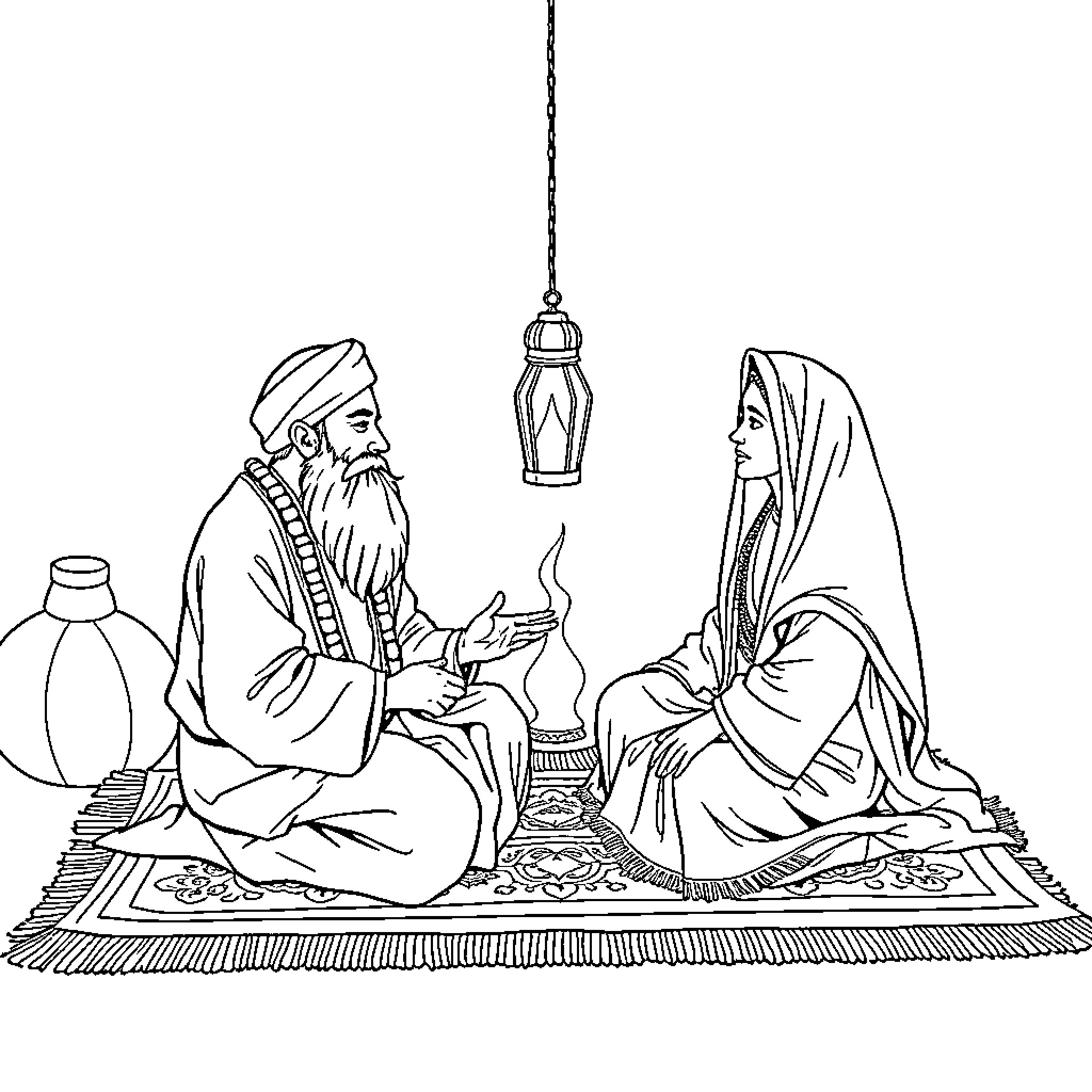 Rumi's Intimate Dialogue with Beloved Coloring Page (free black-and-white line drawing printable PDF for all, from beginners to advanced learners, including children, teens, adults, and seniors)