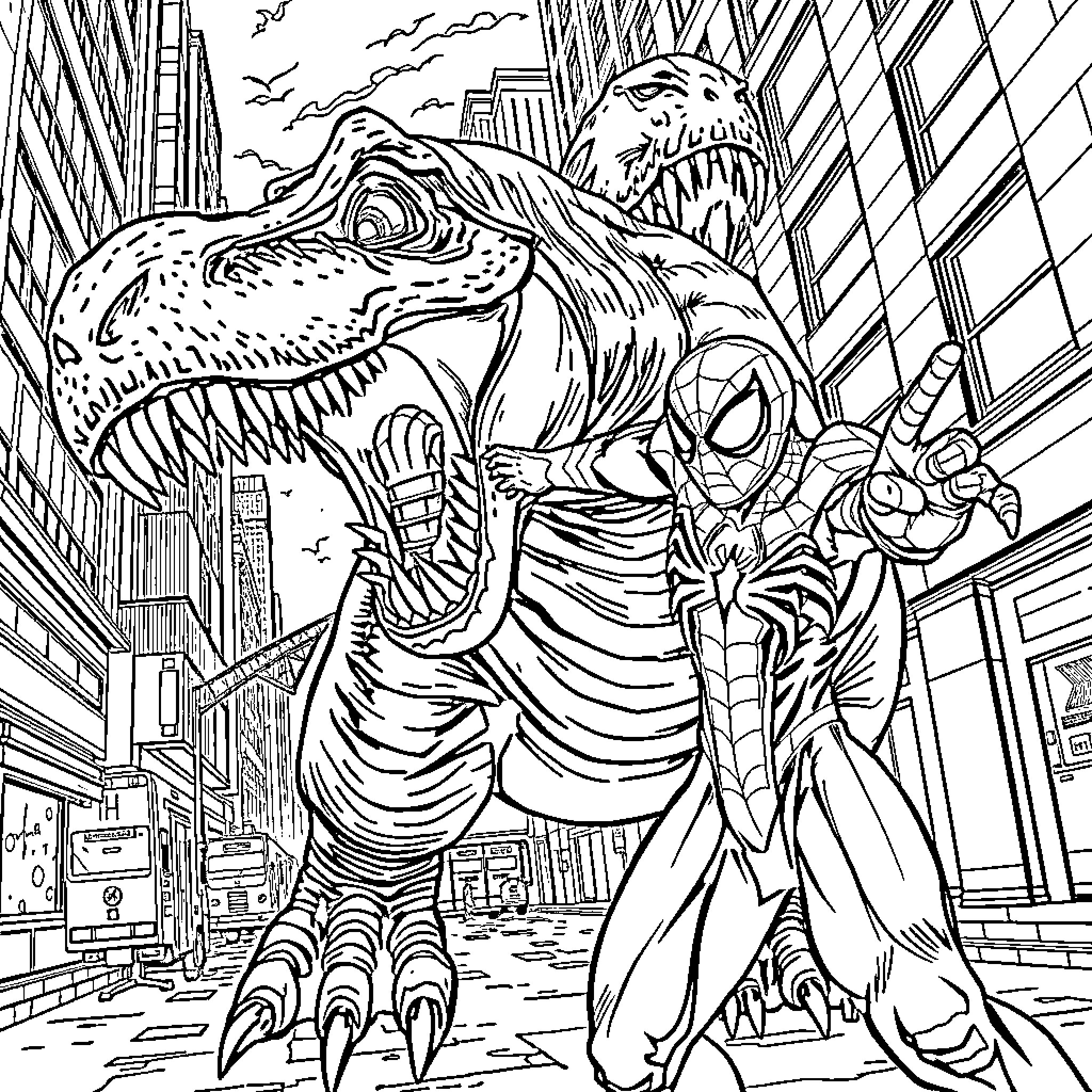 Dinosaur Rampage in the City Streets Coloring Page (free black-and-white line drawing printable PDF for all, from beginners to advanced learners, including children, teens, adults, and seniors)