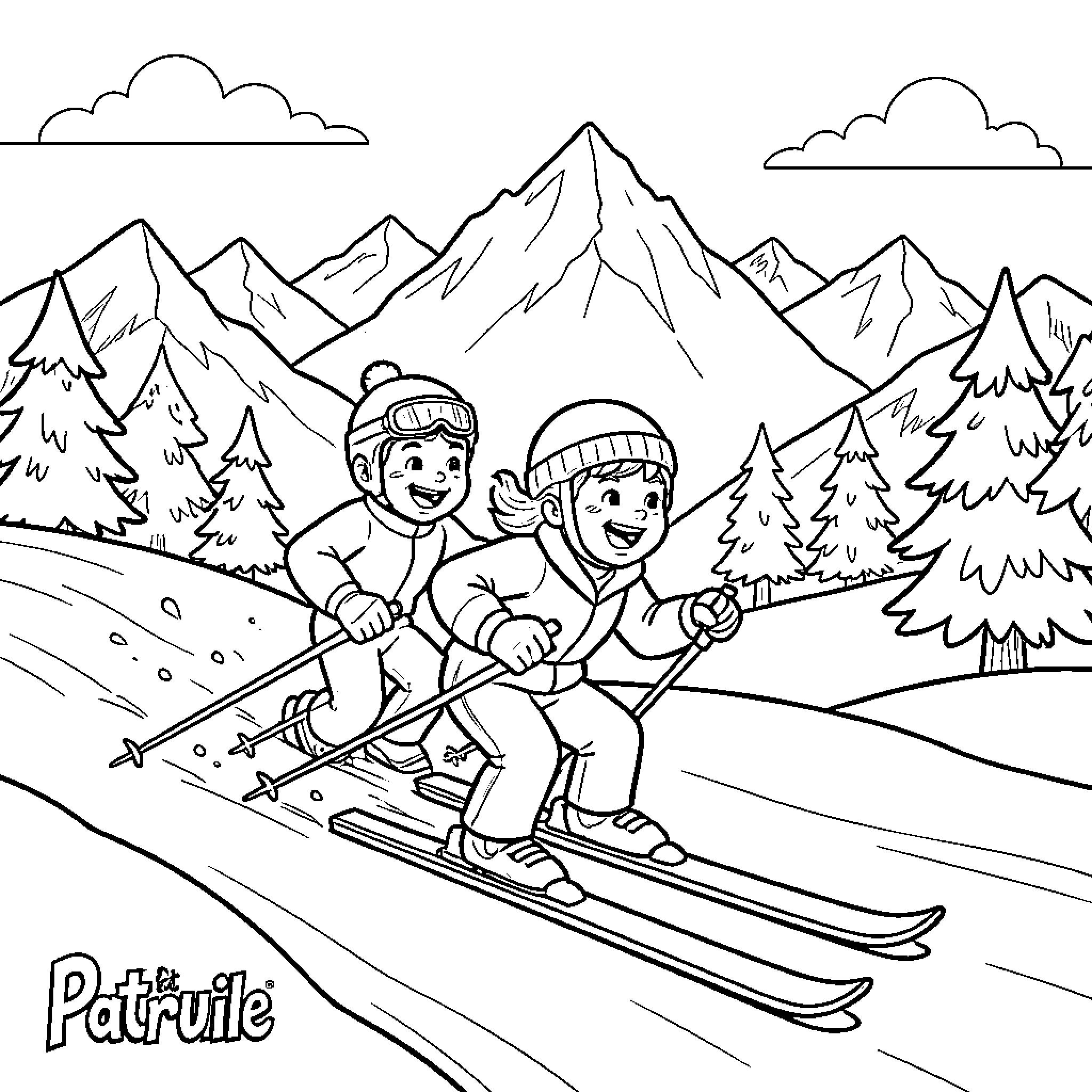 Patrol on the Slopes: Skiers Enjoying the Mountain Scenery Coloring Page (free black-and-white line drawing printable PDF for all, from beginners to advanced learners, including children, teens, adults, and seniors)