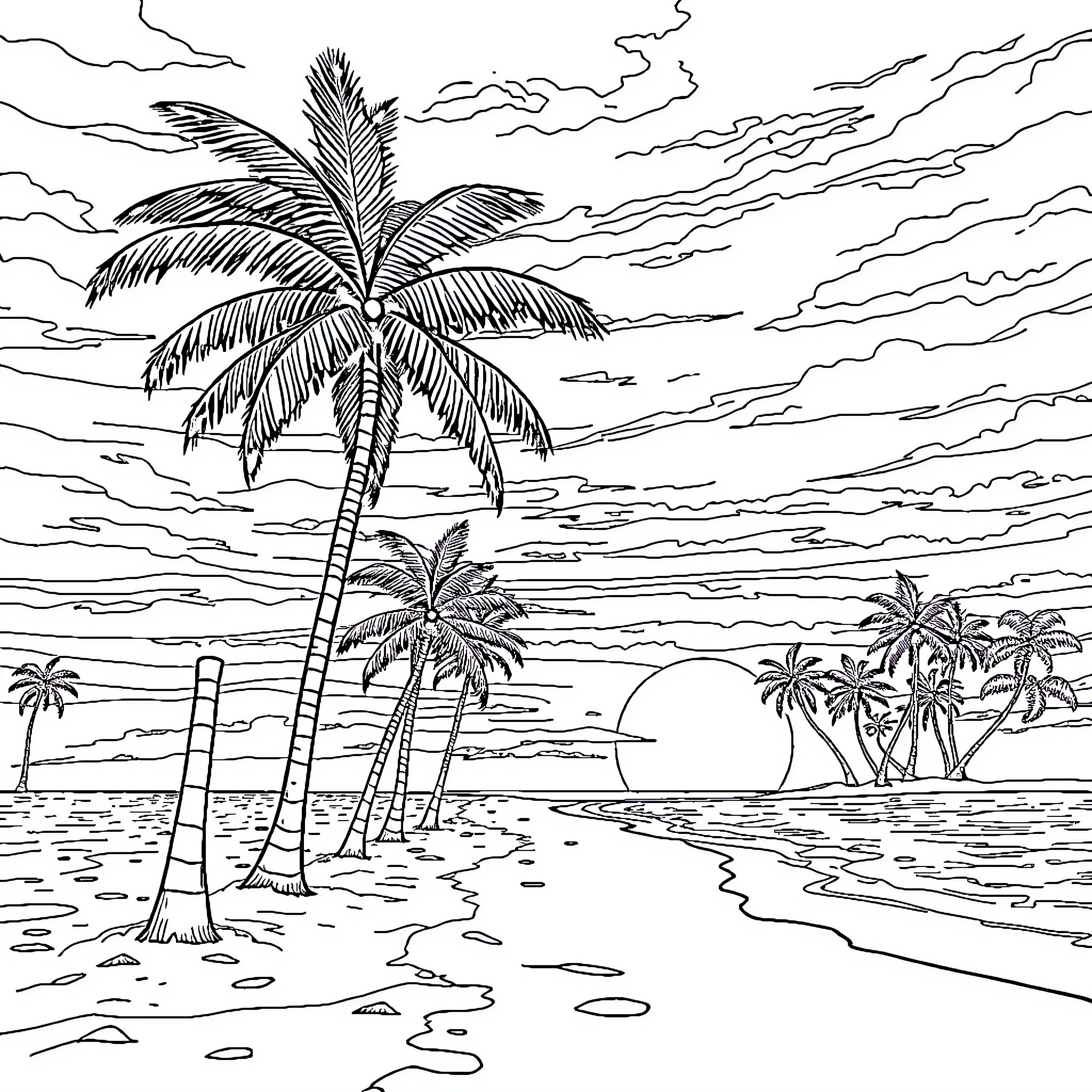 Beach scene with palm trees and sunset Coloring Page (free black-and-white line drawing printable PDF for all, from beginners to advanced learners, including children, teens, adults, and seniors)