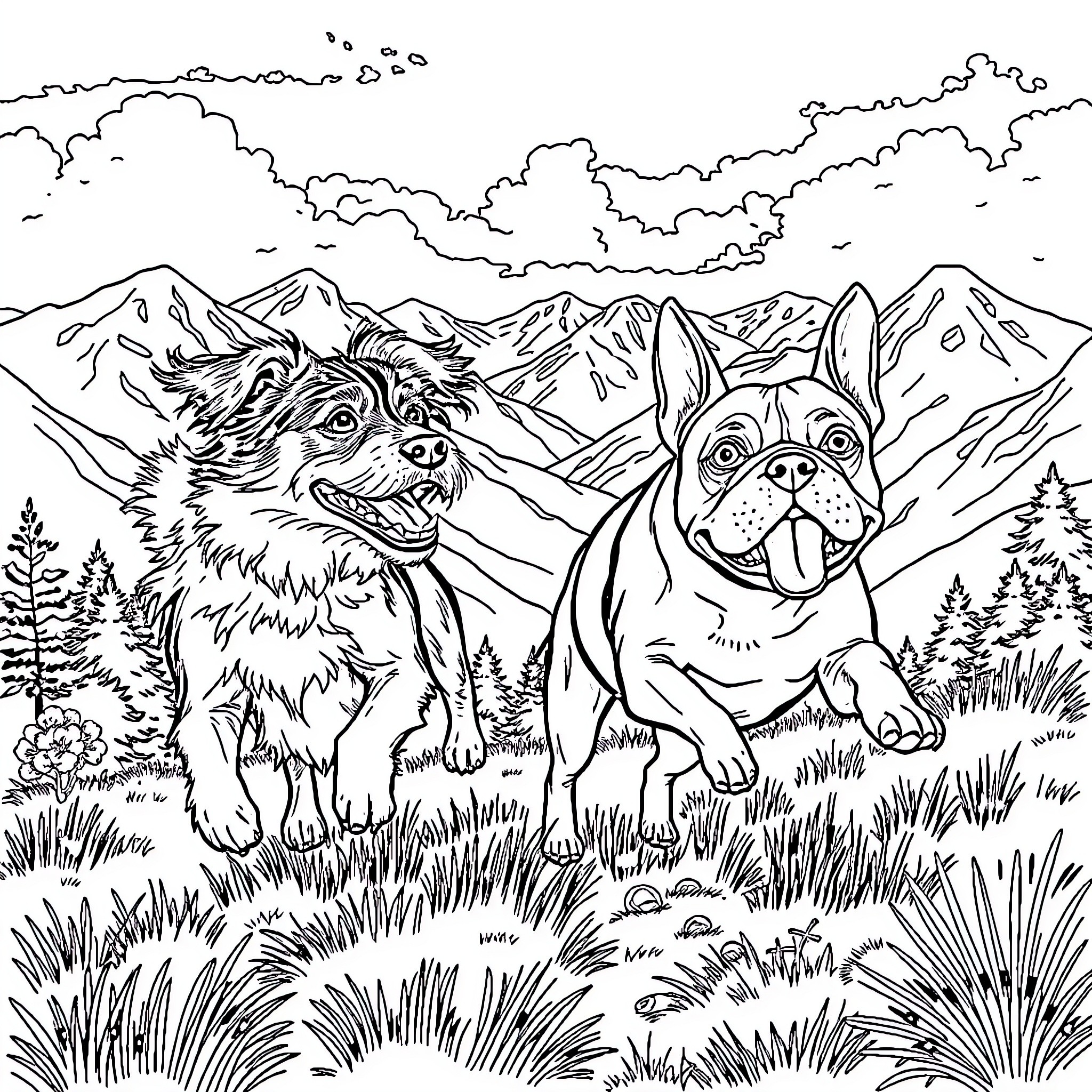 Dog Friends Exploring the Mountainous Outdoors Coloring Page (free black-and-white line drawing printable PDF for all, from beginners to advanced learners, including children, teens, adults, and seniors)