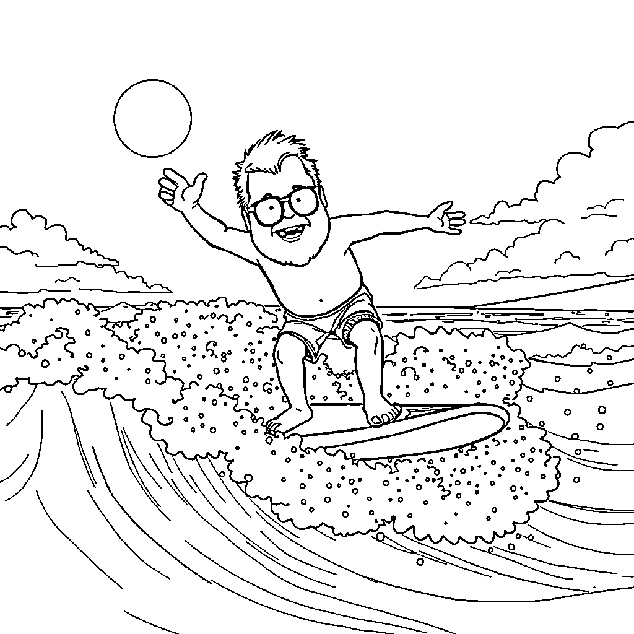 Danny DeVito surfing on a wave in the ocean Coloring Page (free black-and-white line drawing printable PDF for all, from beginners to advanced learners, including children, teens, adults, and seniors)