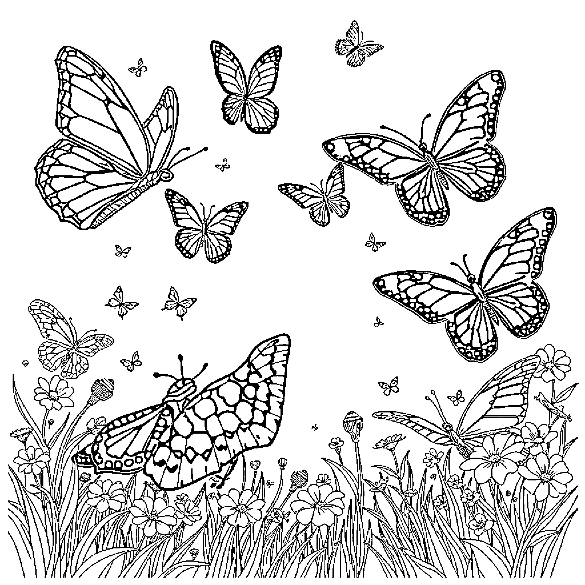Butterfly Swarm in Floral Garden Coloring Page (free black-and-white line drawing printable PDF for all, from beginners to advanced learners, including children, teens, adults, and seniors)