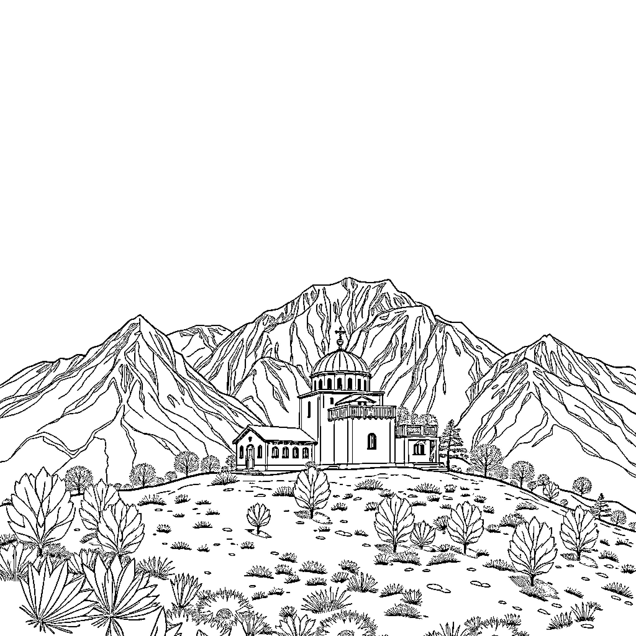 Armenia's Majestic Mountain Landscape and Architectural Splendor Coloring Page (free black-and-white line drawing printable PDF for all, from beginners to advanced learners, including children, teens, adults, and seniors)
