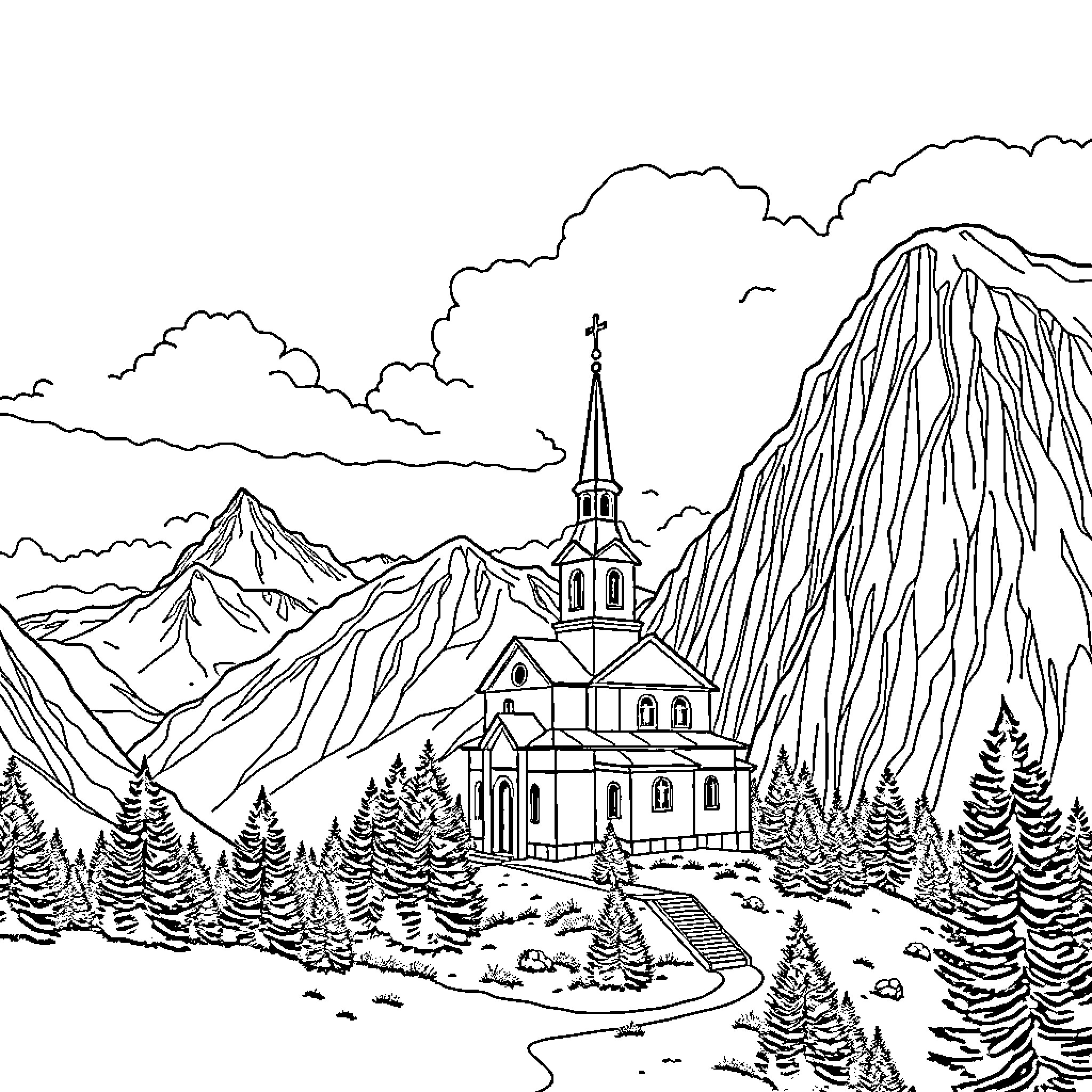 Church nestled in the mountain landscape Coloring Page (free black-and-white line drawing printable PDF for all, from beginners to advanced learners, including children, teens, adults, and seniors)