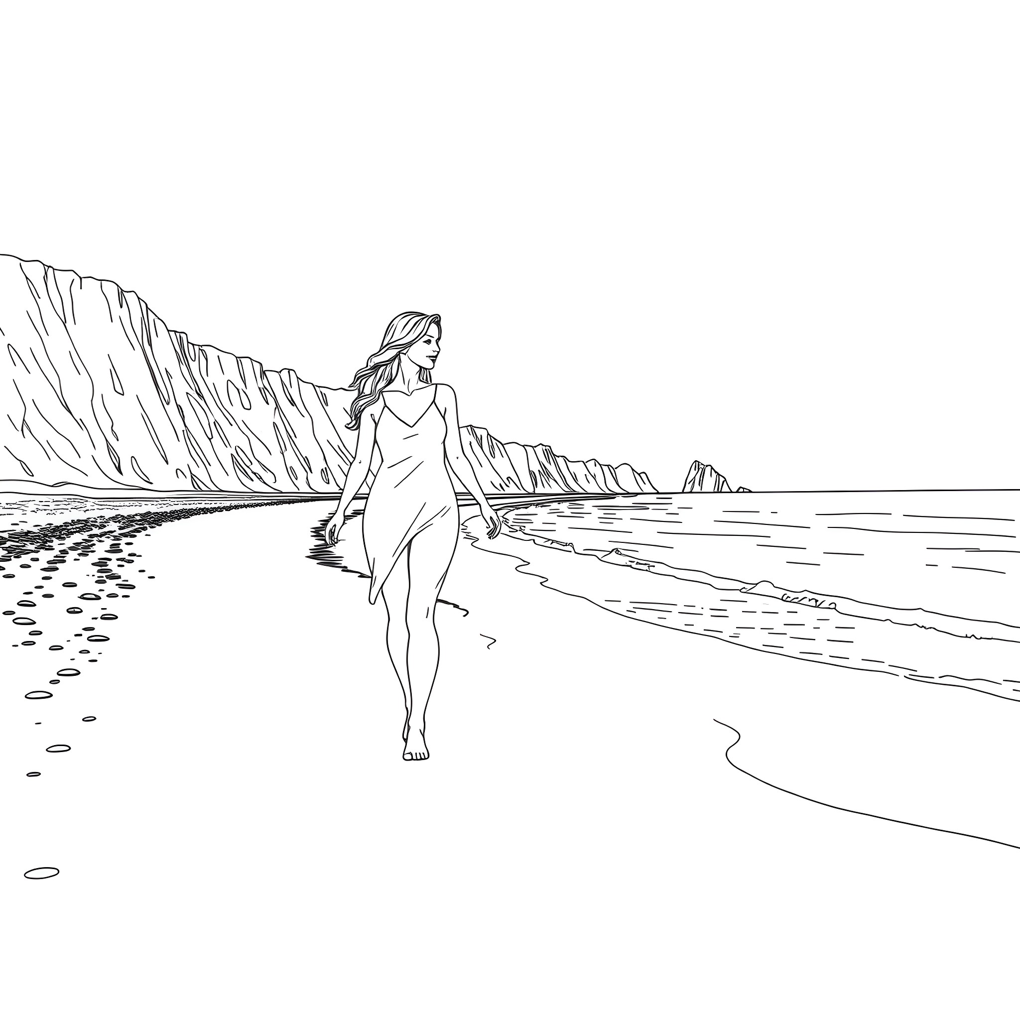 Sydney Sweeney strolling along the beach in a flowing dress Coloring Page (free black-and-white line drawing printable PDF for all, from beginners to advanced learners, including children, teens, adults, and seniors)