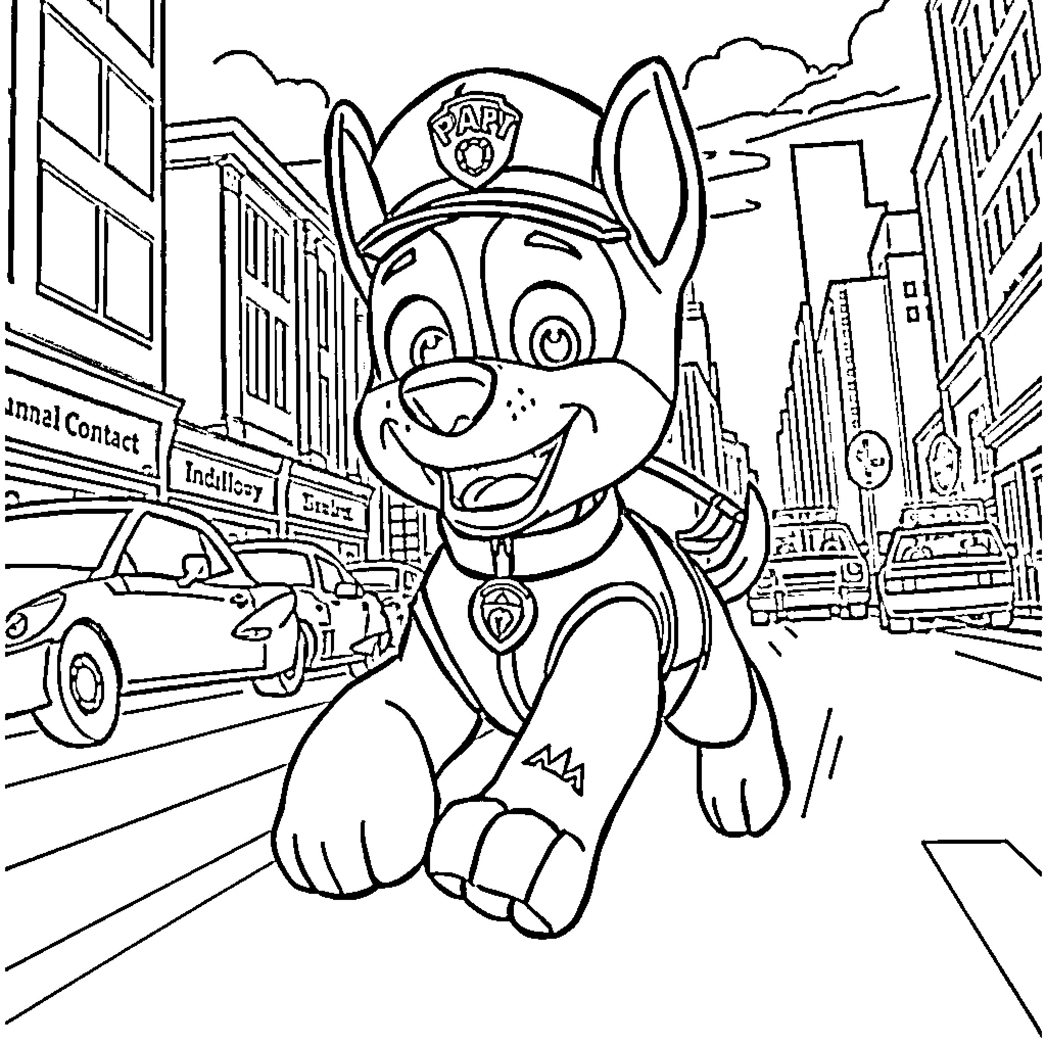 Chase through the bustling city streets Coloring Page (free black-and-white line drawing printable PDF for all, from beginners to advanced learners, including children, teens, adults, and seniors)