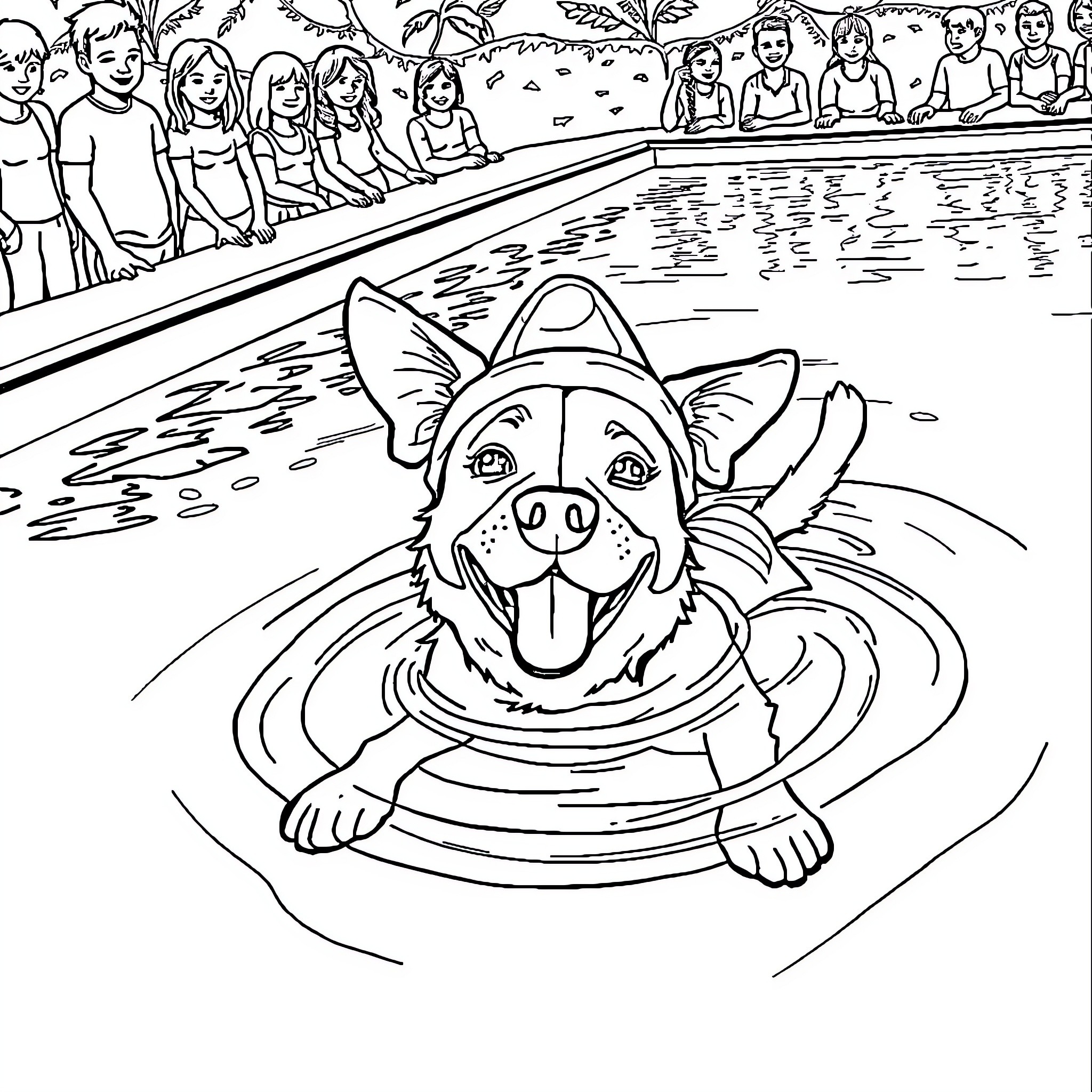 Dog happily swimming in the pool with people watching Coloring Page (free black-and-white line drawing printable PDF for all, from beginners to advanced learners, including children, teens, adults, and seniors)