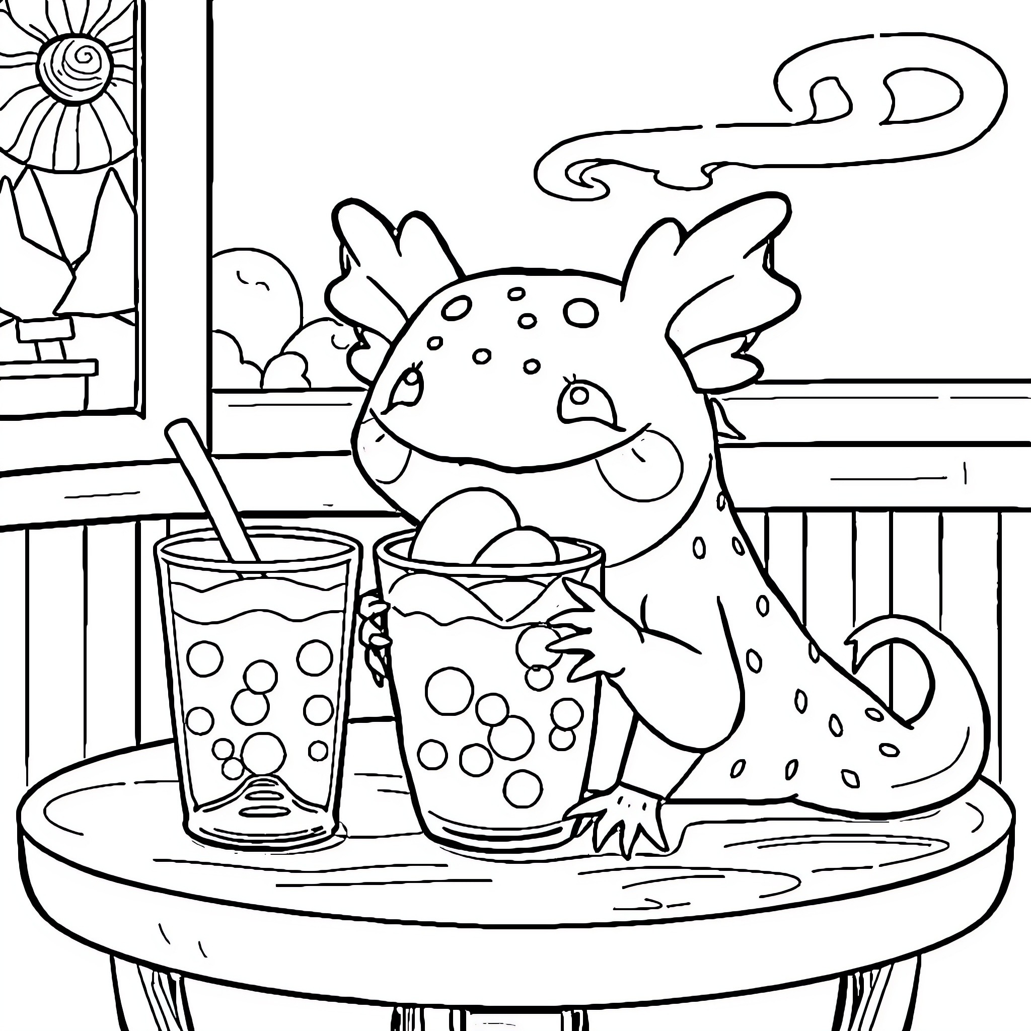 Axolotl enjoying a refreshing beverage Coloring Page (free black-and-white line drawing printable PDF for all, from beginners to advanced learners, including children, teens, adults, and seniors)