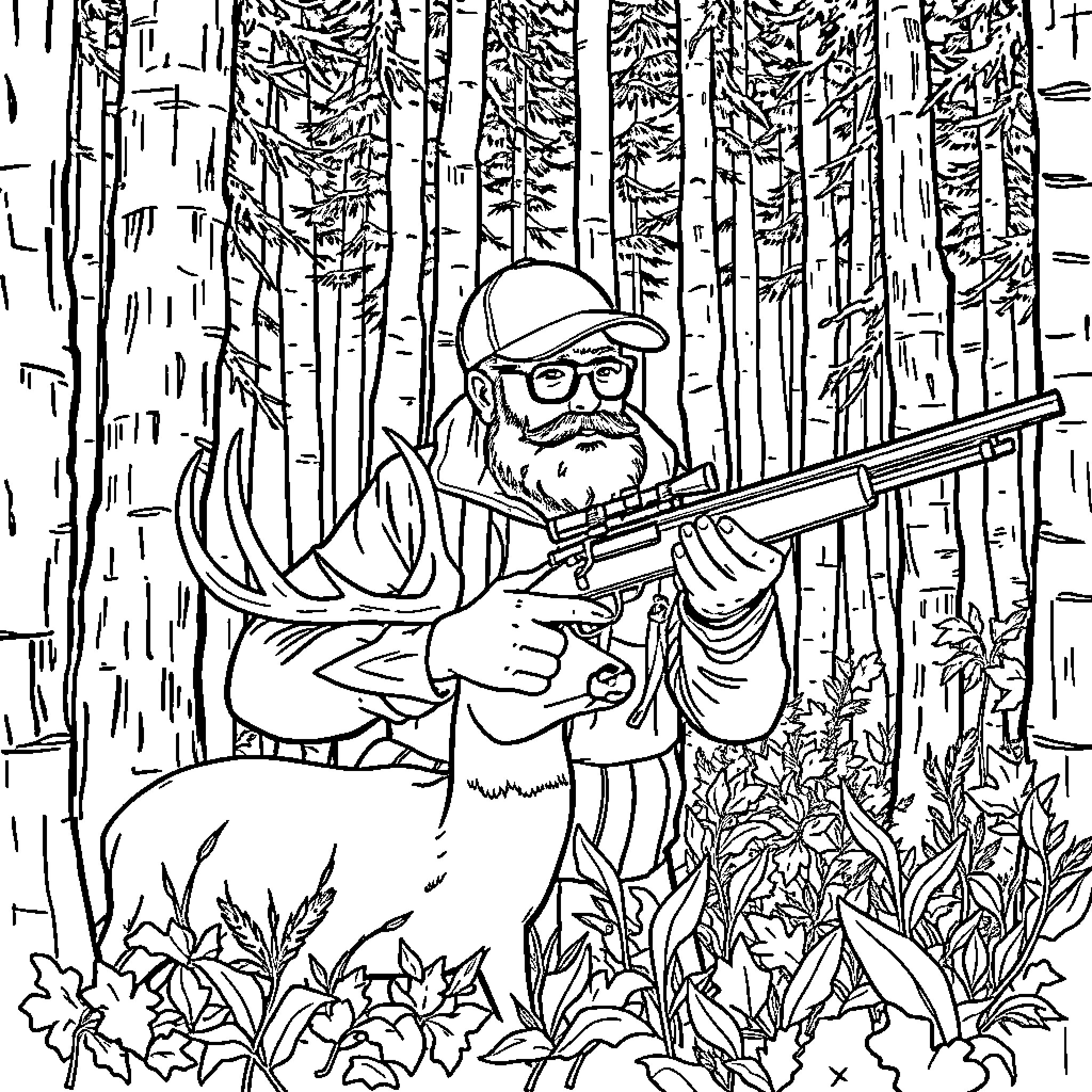 Hunter Awaiting Wildlife in Forested Wilderness Coloring Page (free black-and-white line drawing printable PDF for all, from beginners to advanced learners, including children, teens, adults, and seniors)