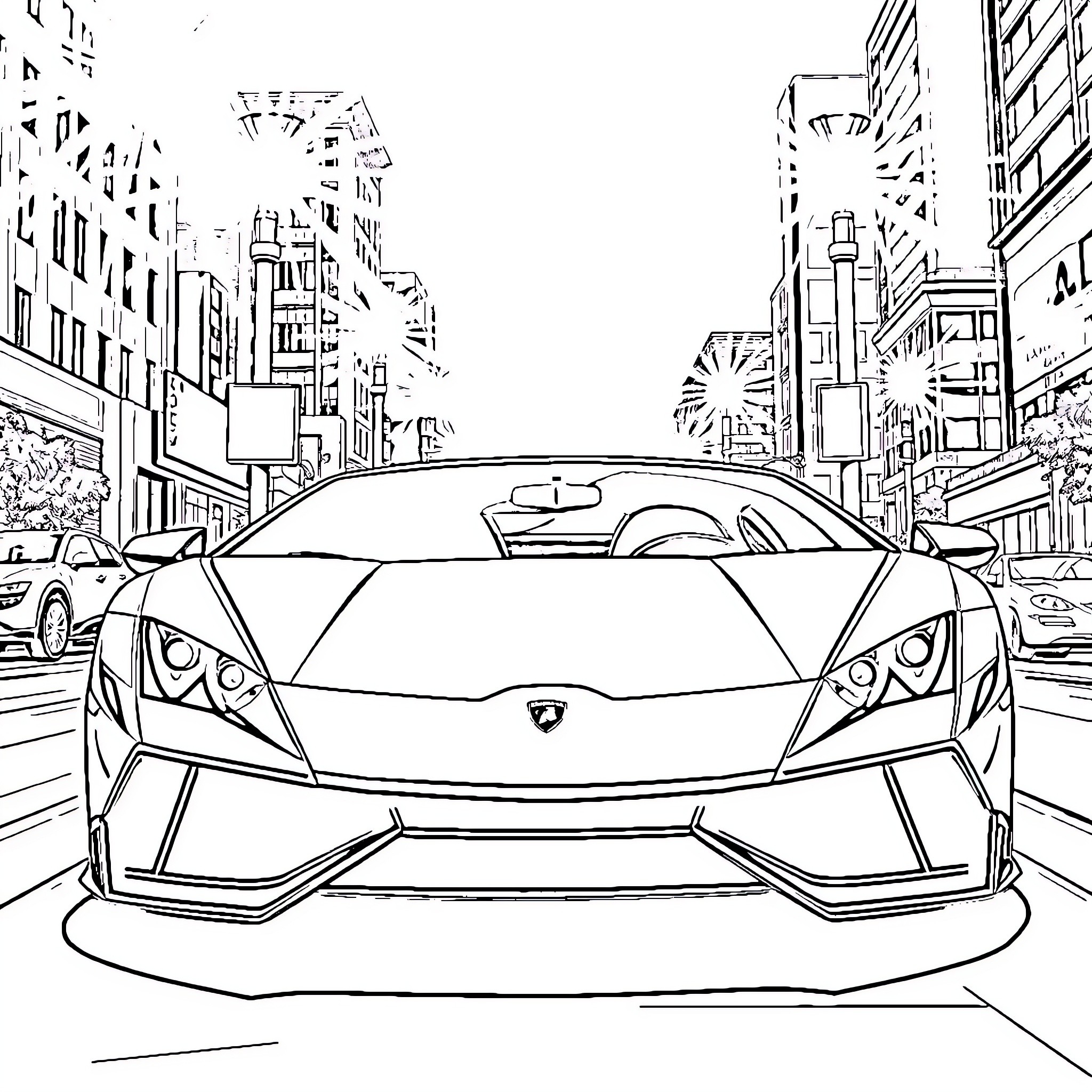 Lamborghini Supercar in Vibrant City Setting Coloring Page (free black-and-white line drawing printable PDF for all, from beginners to advanced learners, including children, teens, adults, and seniors)