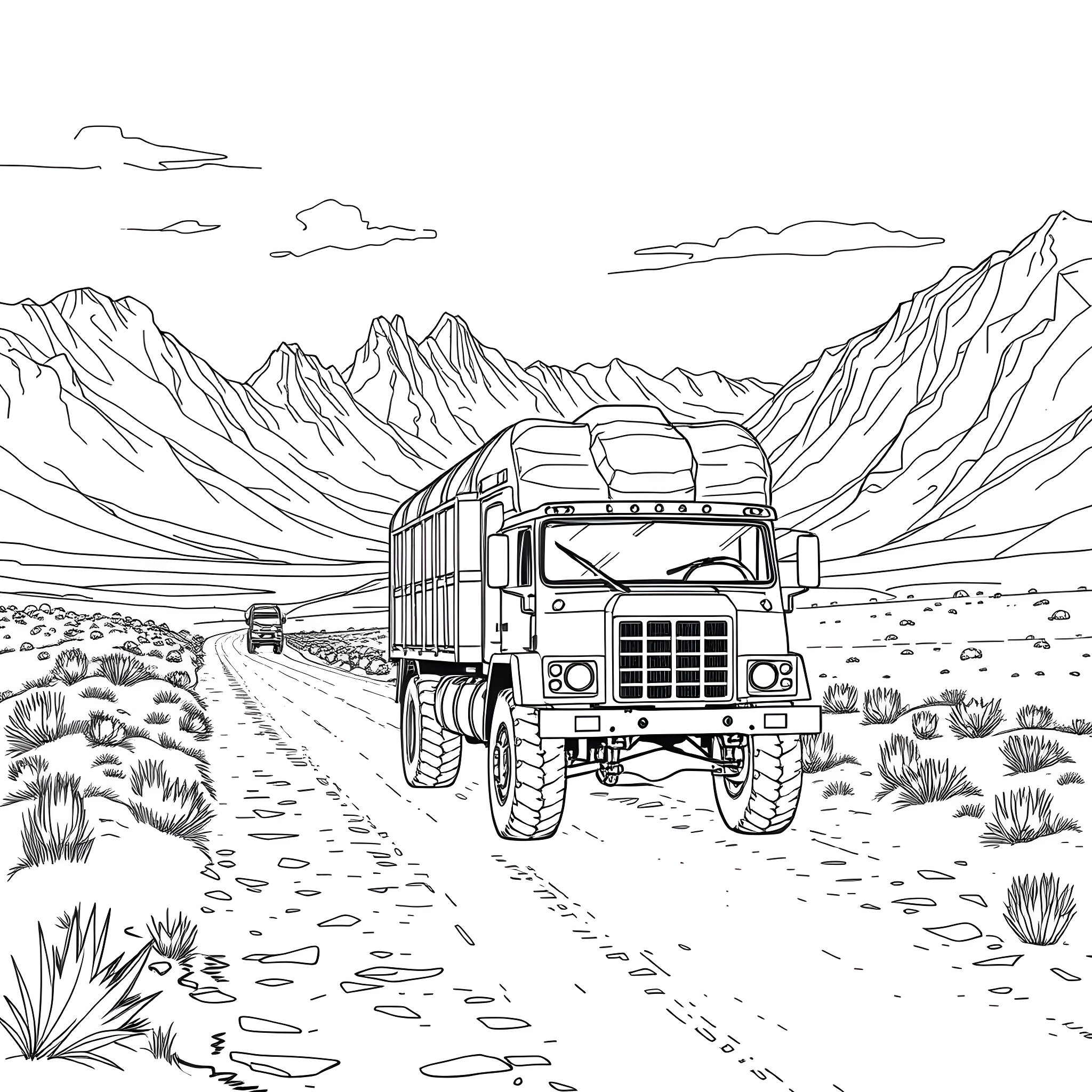 Hauling a Heavy Duty Truck through Rugged Terrain Coloring Page (free black-and-white line drawing printable PDF for all, from beginners to advanced learners, including children, teens, adults, and seniors)