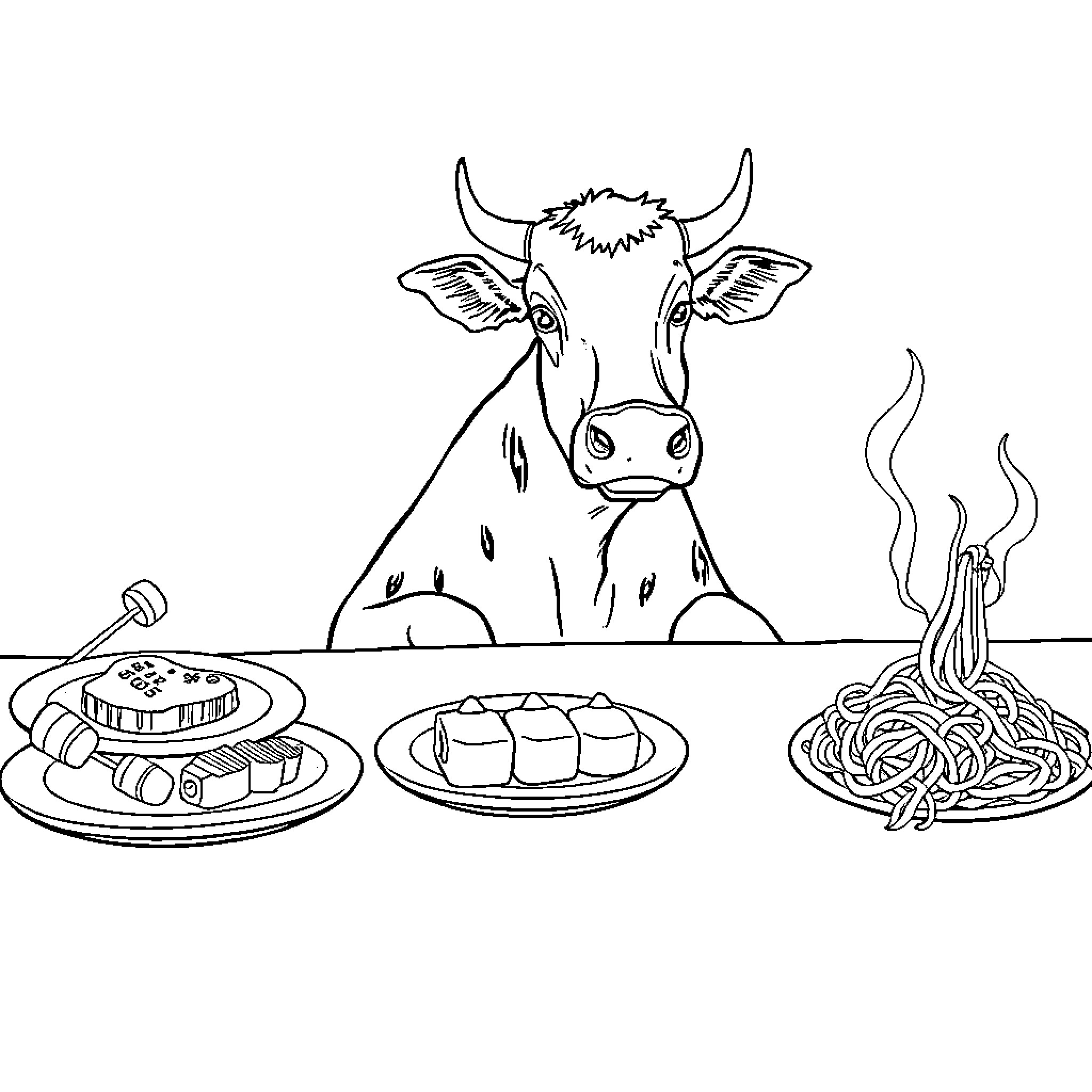 Cow observing a meal on the table Coloring Page (free black-and-white line drawing printable PDF for all, from beginners to advanced learners, including children, teens, adults, and seniors)