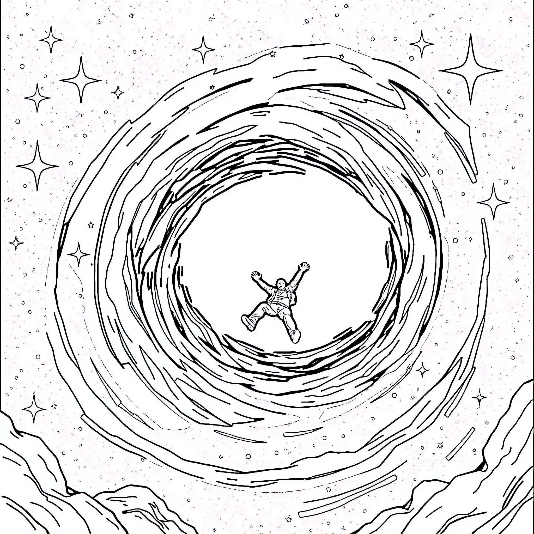 Man drifting through cosmic whirlpool Coloring Page (free black-and-white line drawing printable PDF for all, from beginners to advanced learners, including children, teens, adults, and seniors)