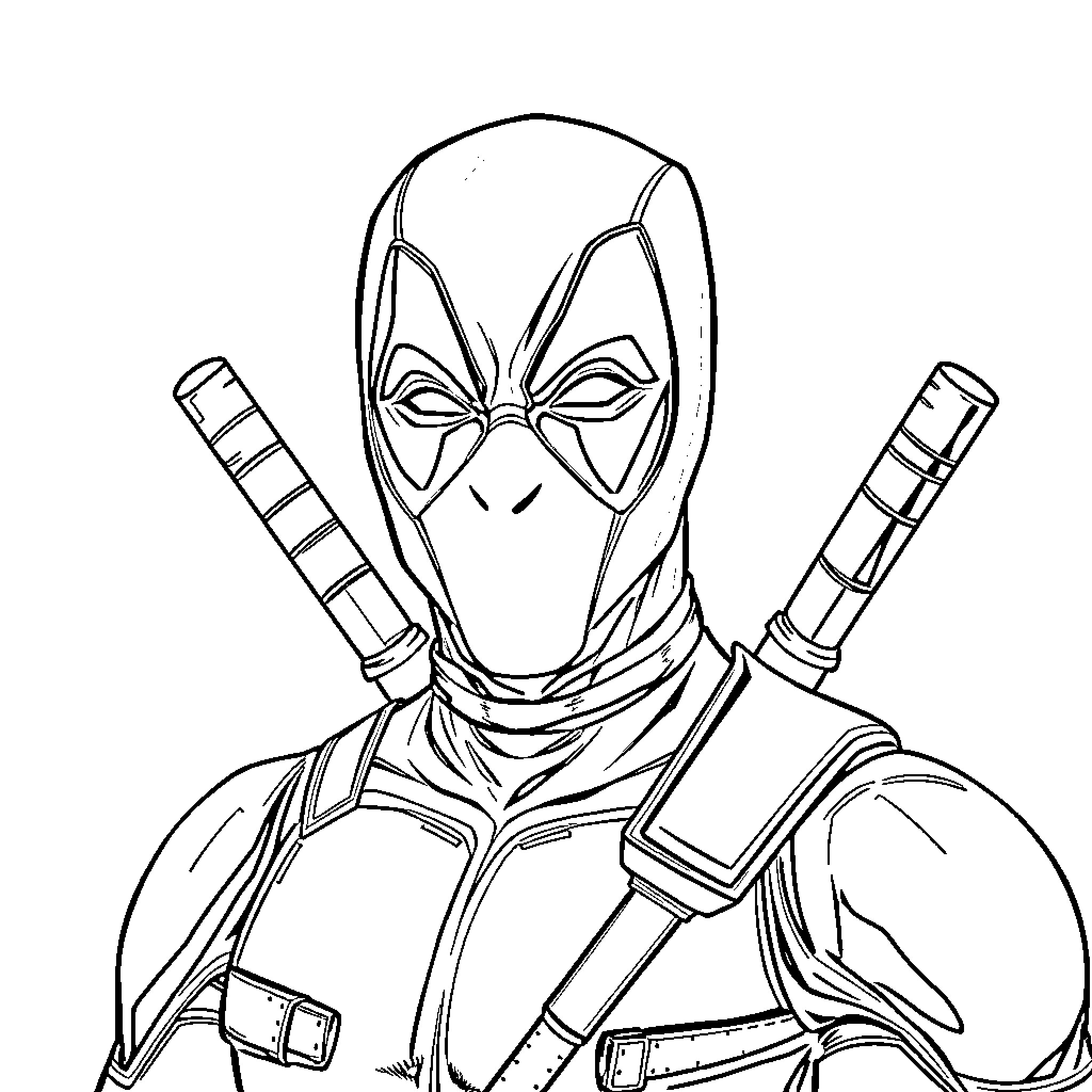 Deadpool in a determined battle stance Coloring Page (free black-and-white line drawing printable PDF for all, from beginners to advanced learners, including children, teens, adults, and seniors)