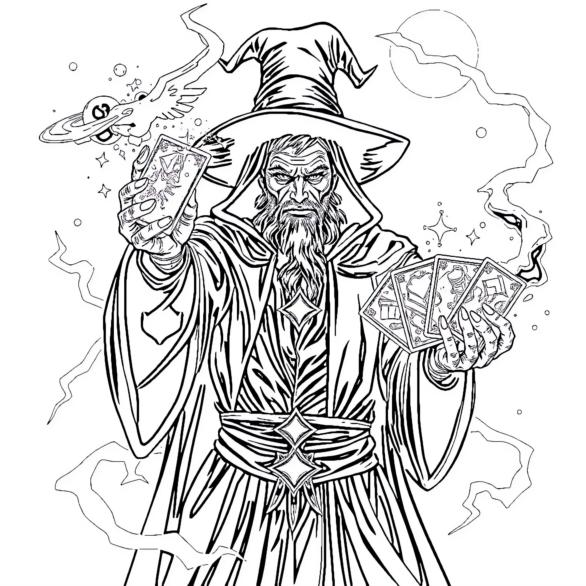 Dark Magician casting powerful spells Coloring Page (free black-and-white line drawing printable PDF for all, from beginners to advanced learners, including children, teens, adults, and seniors)