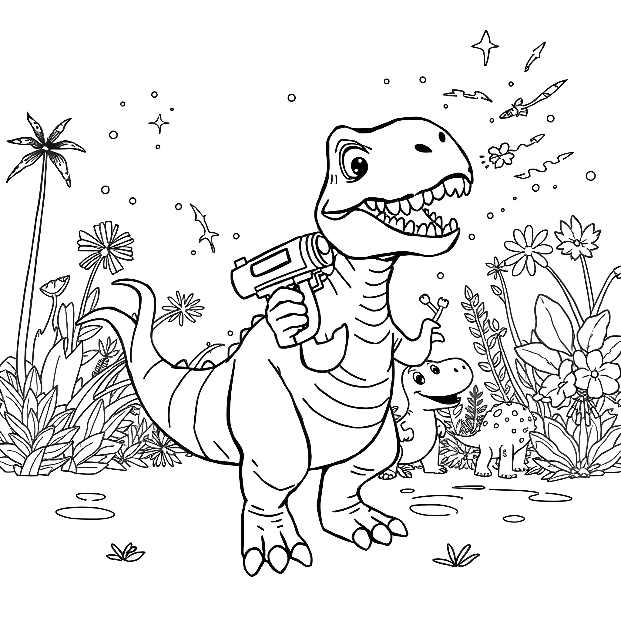 Dinosaur playing with a toy gun in a magical forest Coloring Page (free black-and-white line drawing printable PDF for all, from beginners to advanced learners, including children, teens, adults, and seniors)