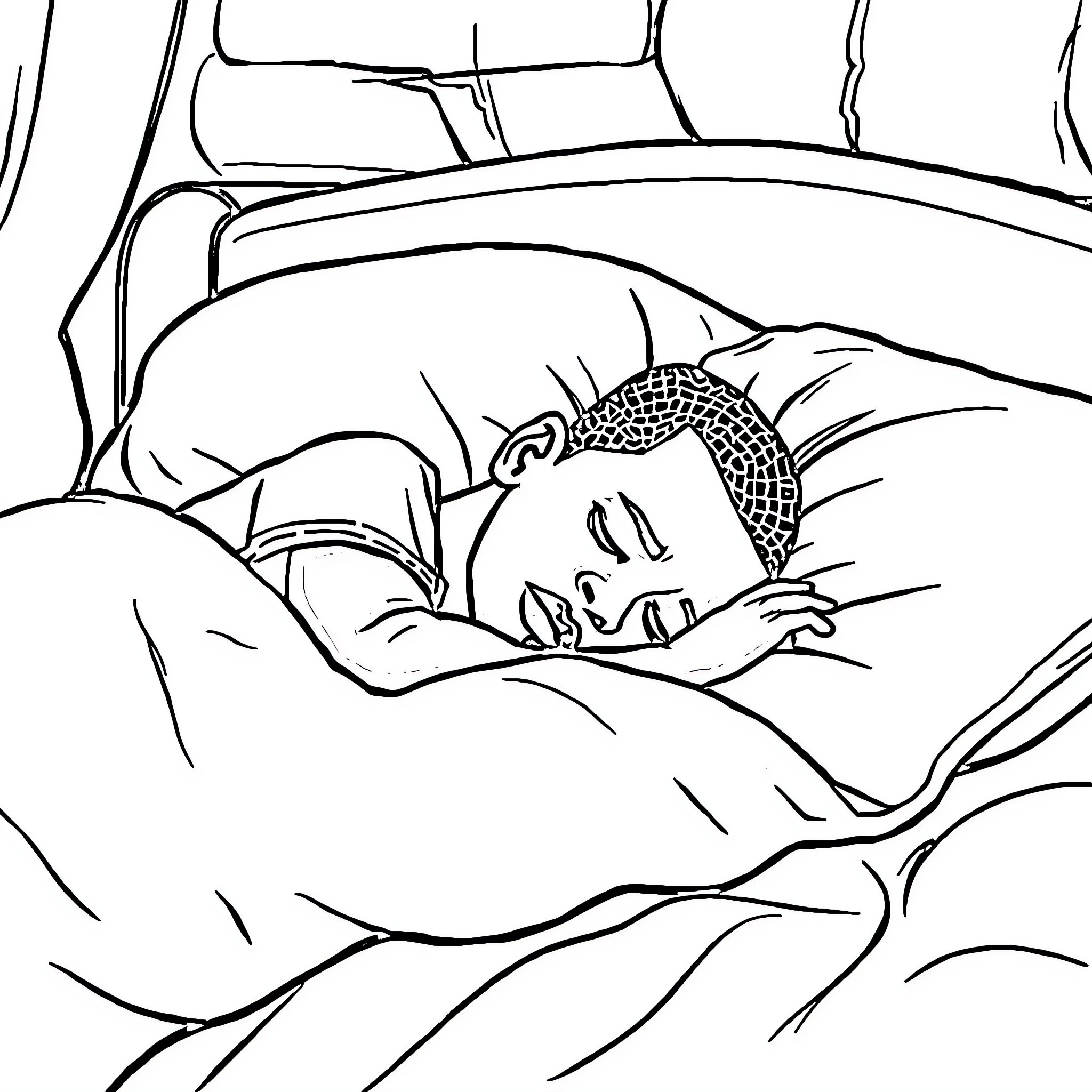 Mbappe resting comfortably in bed Coloring Page (free black-and-white line drawing printable PDF for all, from beginners to advanced learners, including children, teens, adults, and seniors)