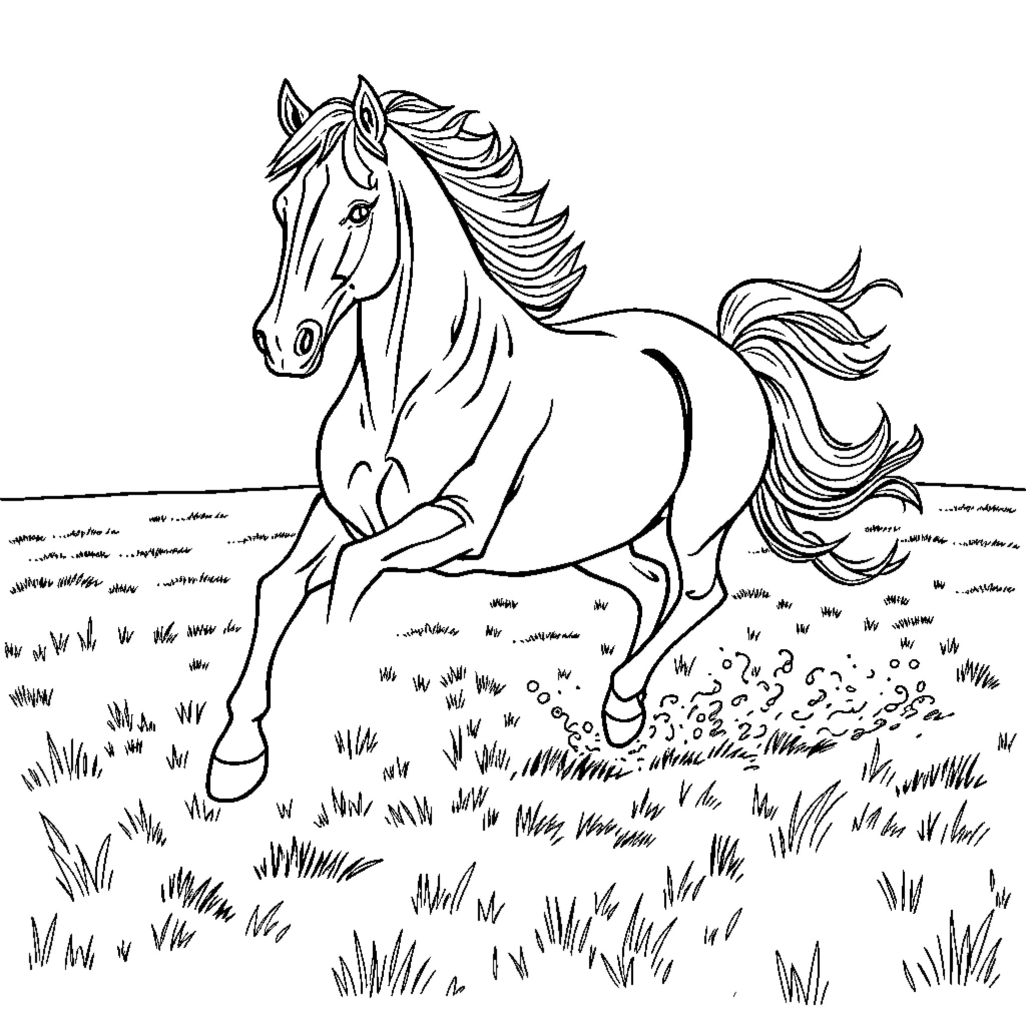Horse galloping through a grassy field Coloring Page (free black-and-white line drawing printable PDF for all, from beginners to advanced learners, including children, teens, adults, and seniors)